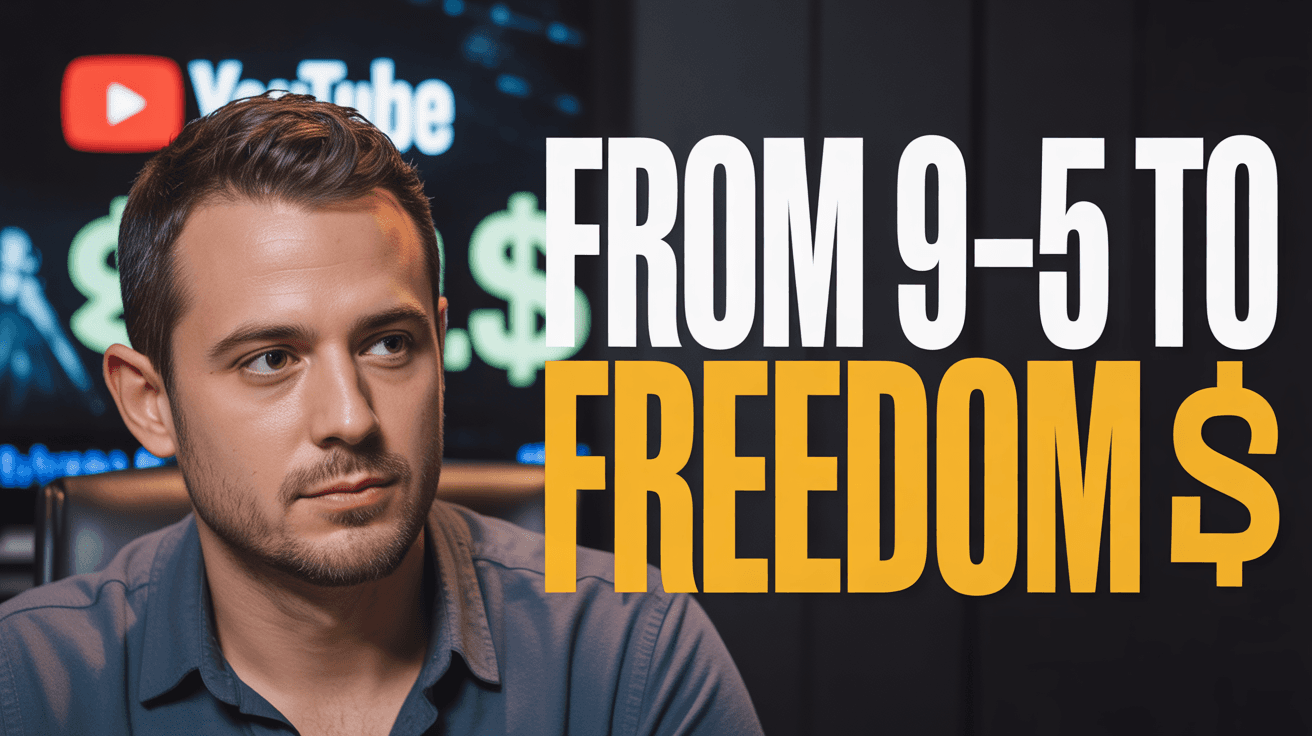 Man in podcast studio with From 9-5 to Freedom text plus YouTube and dollar-sign wealth cues