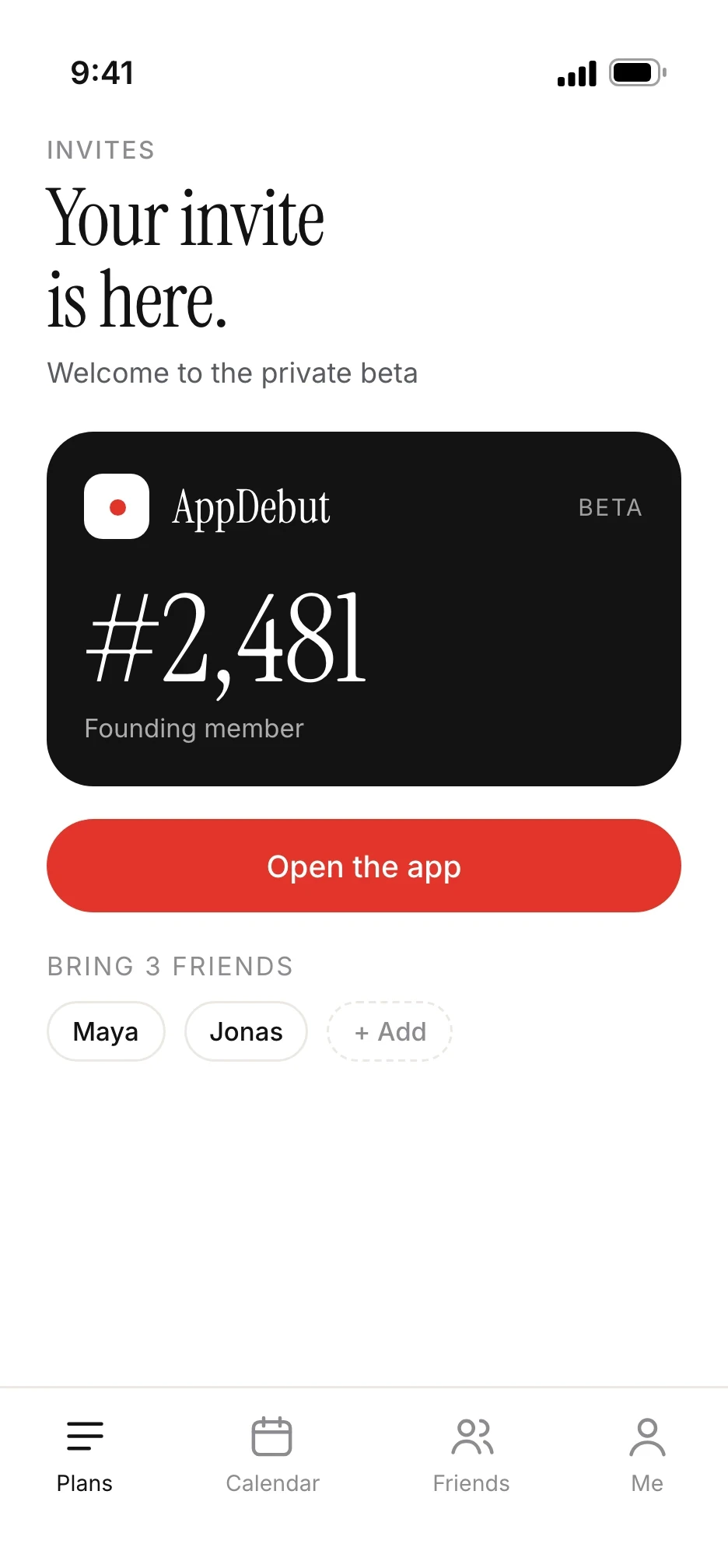 The invite screen showing a founding member pass