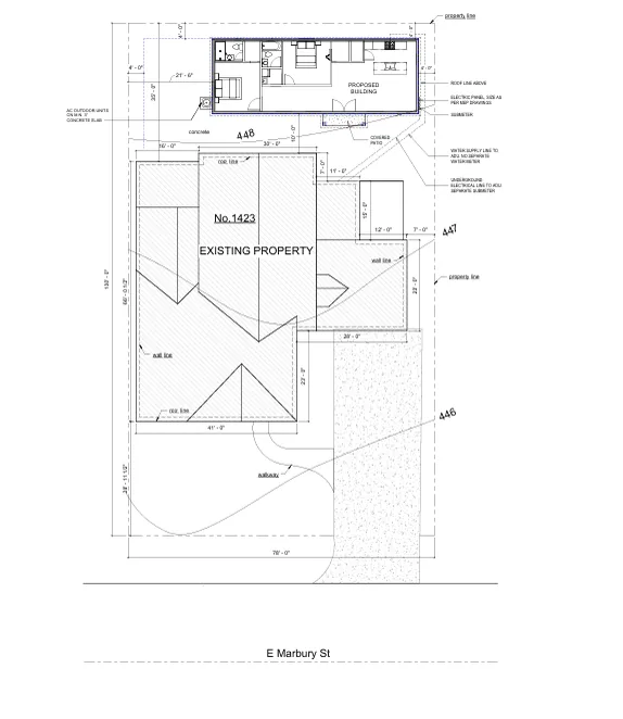 Diagram illustrating a building layout with labeled rooms and dimensions.