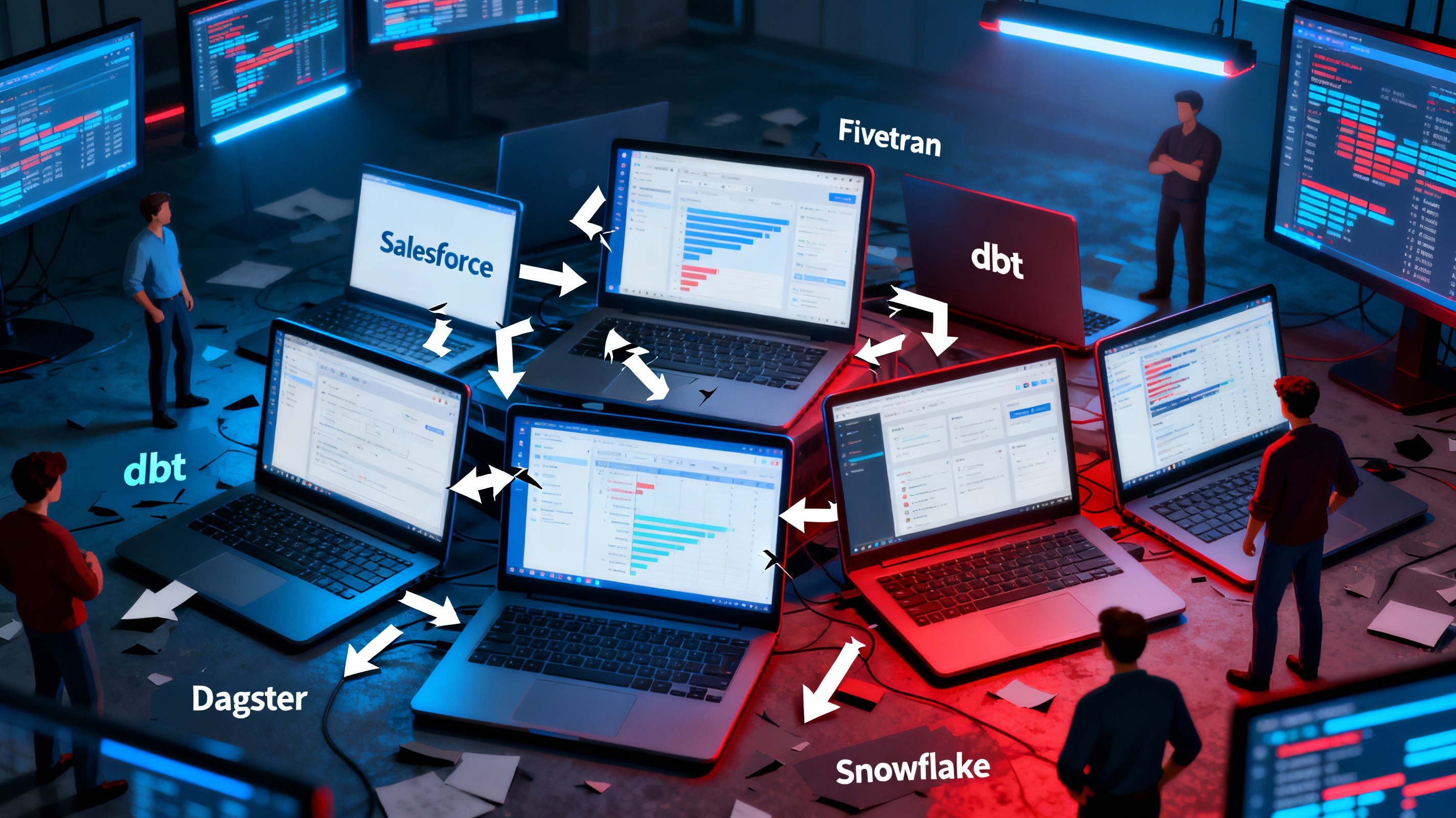 Multiple laptops displaying different data tools with disconnected broken arrows between them, confused data engineers surrounded by screens showing mismatched data, chaotic fragmented ecosystem