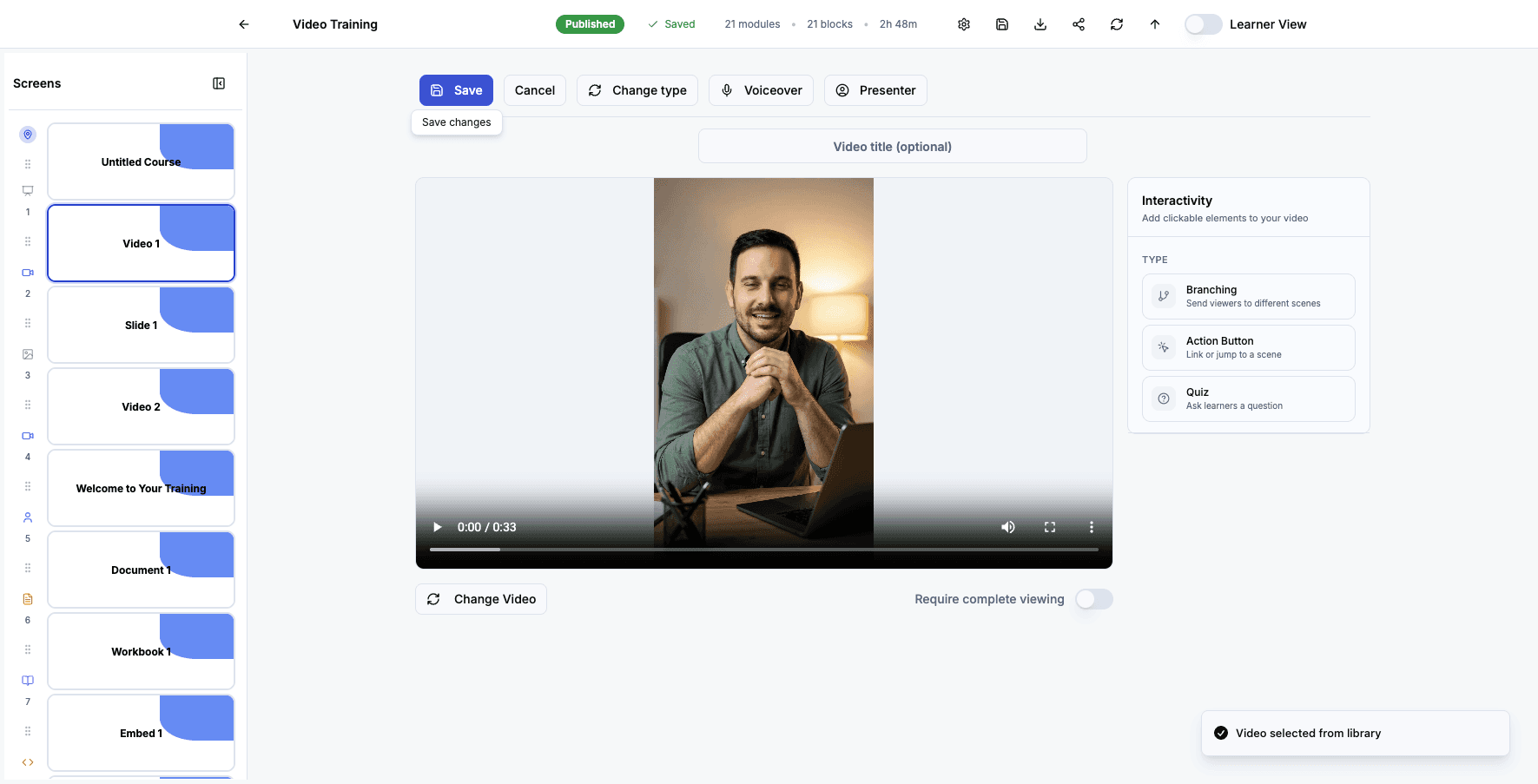 Click Save to apply the video selection and return to the course editor.