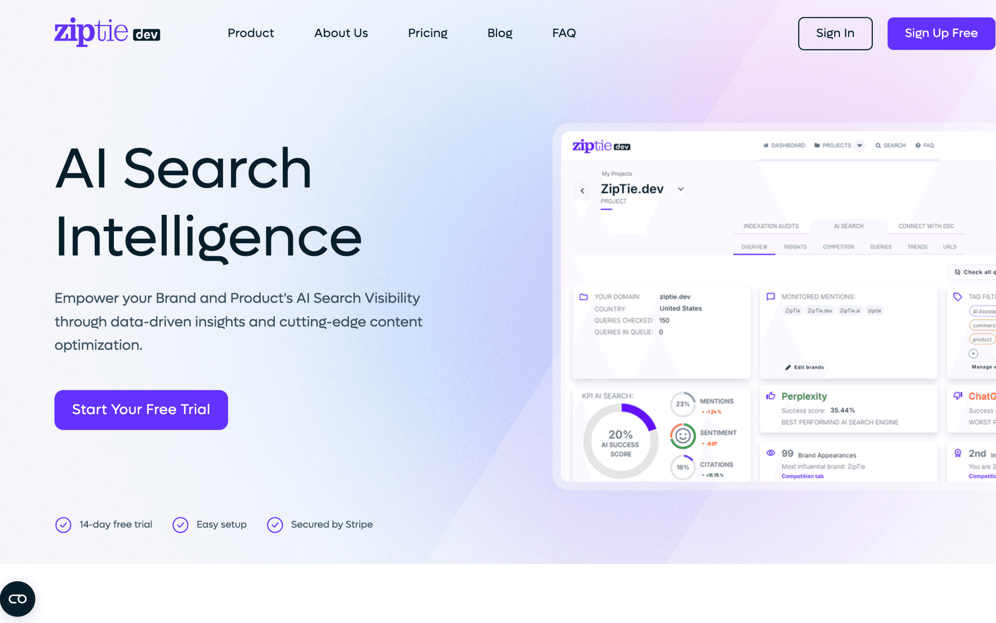 Screenshot of the ZipTie.dev dashboard showing prompt-level AI mention and citation tracking, including competitive visibility trends