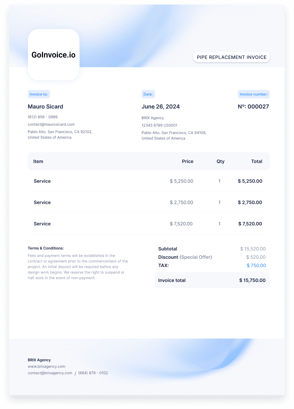 Pipe Replacement Invoice