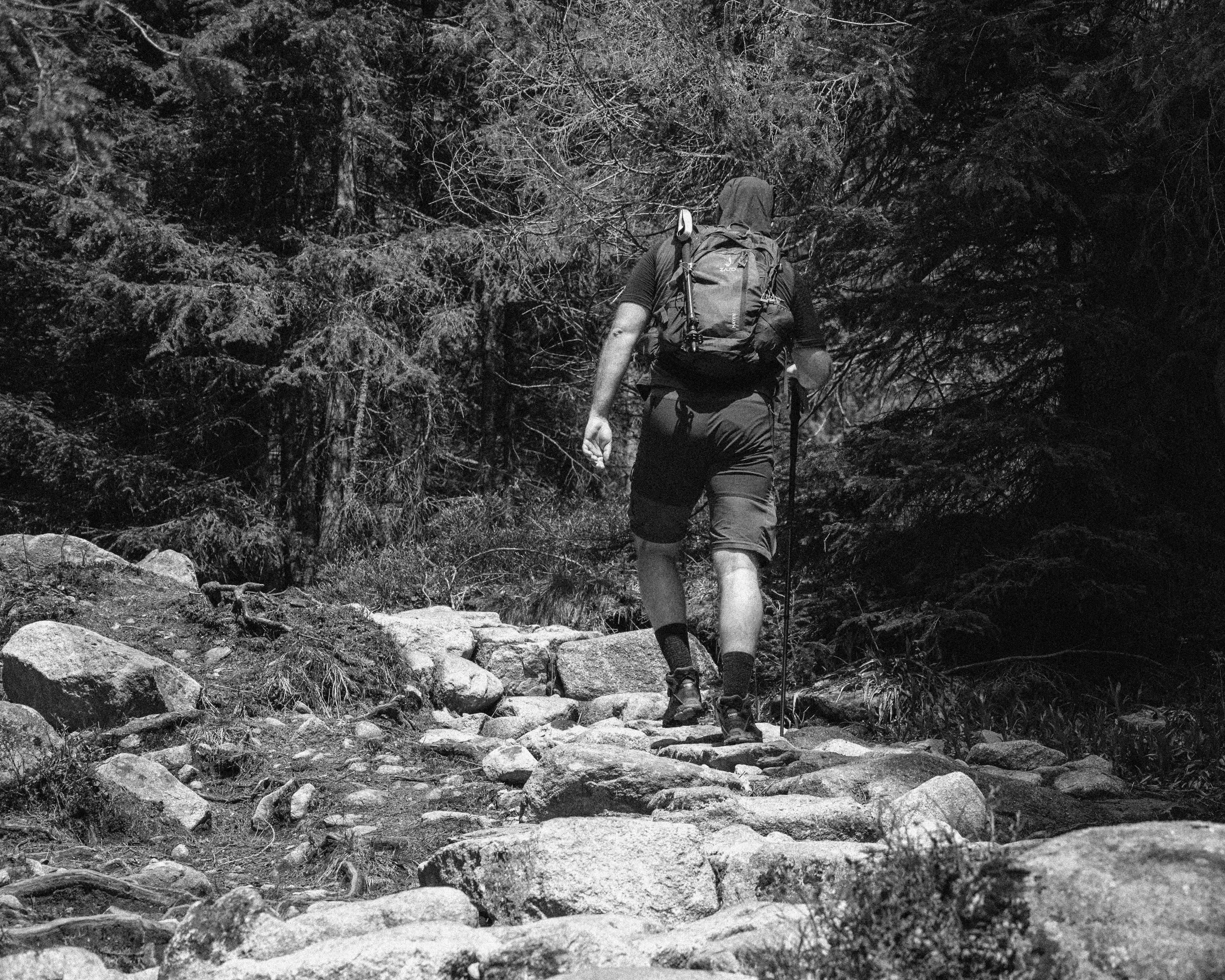 Túrázó halad egy hegyi ösvényen a Magas-Tátrában