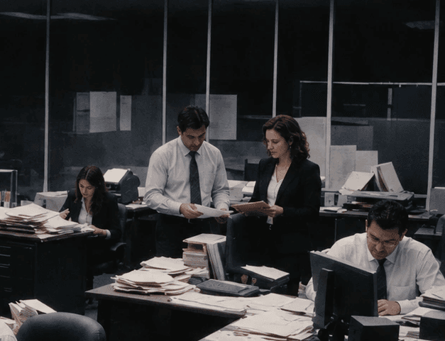 a group of people in a room with a projector screen
