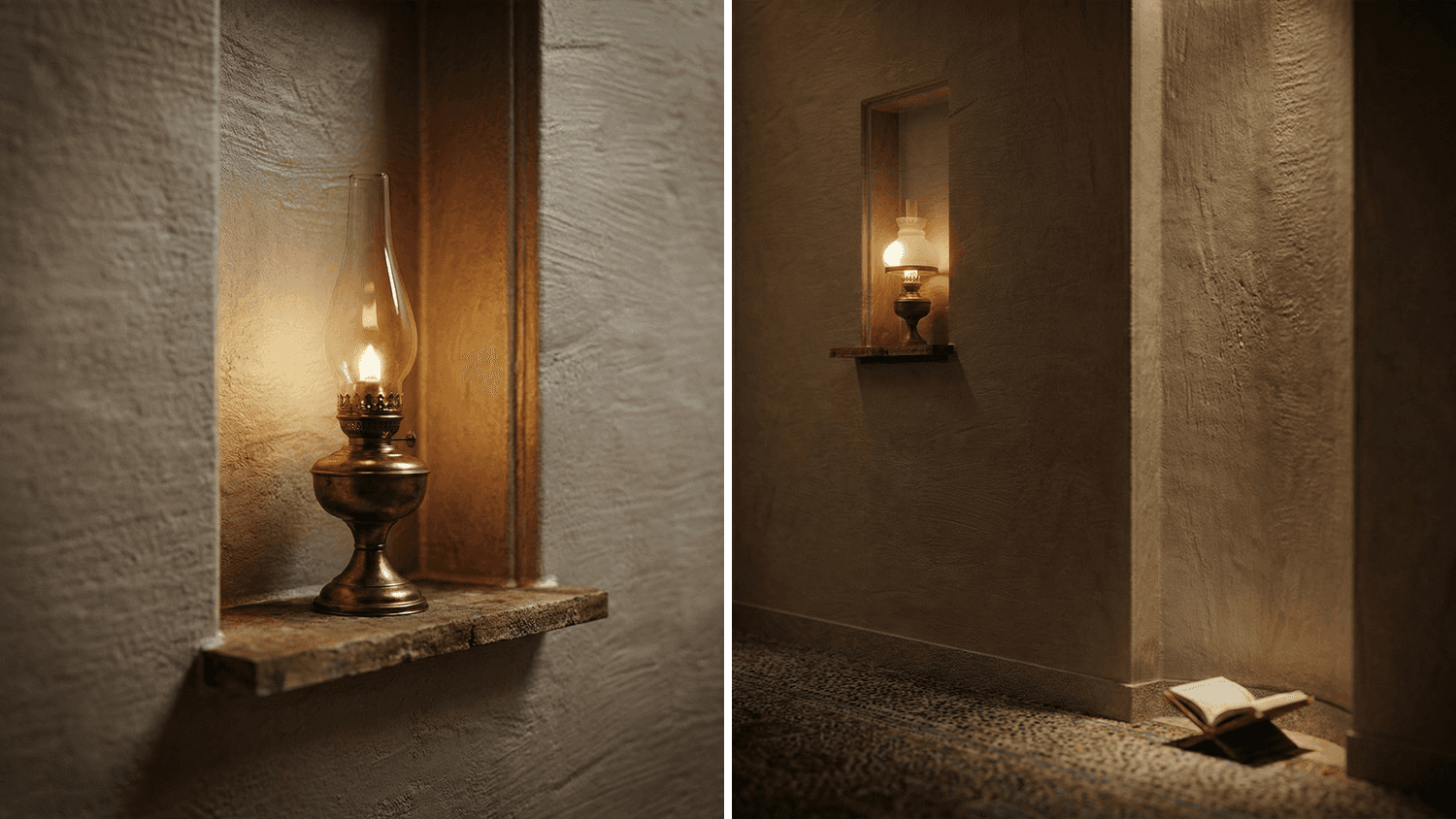 Interior render of a prayer room, with carpet and a vintage chair on the wall and Mihrab