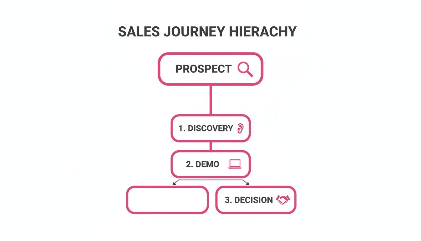 A sales journey hierarchy flowchart illustrating steps: Prospect, Discovery, Demo, and Decision.