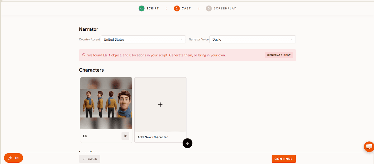 Cast step in the Atlabs animated video workflow