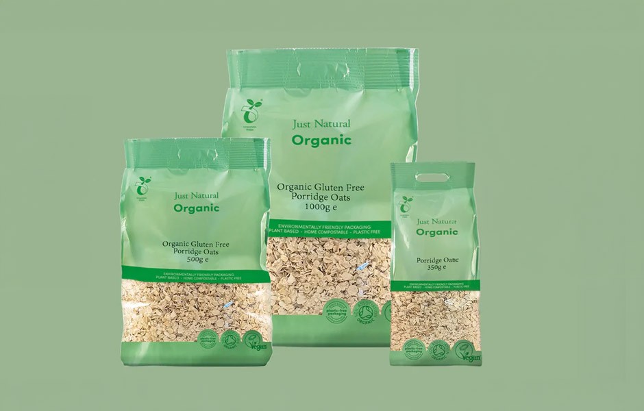 Organic porridge oats in a number of different size bag packages