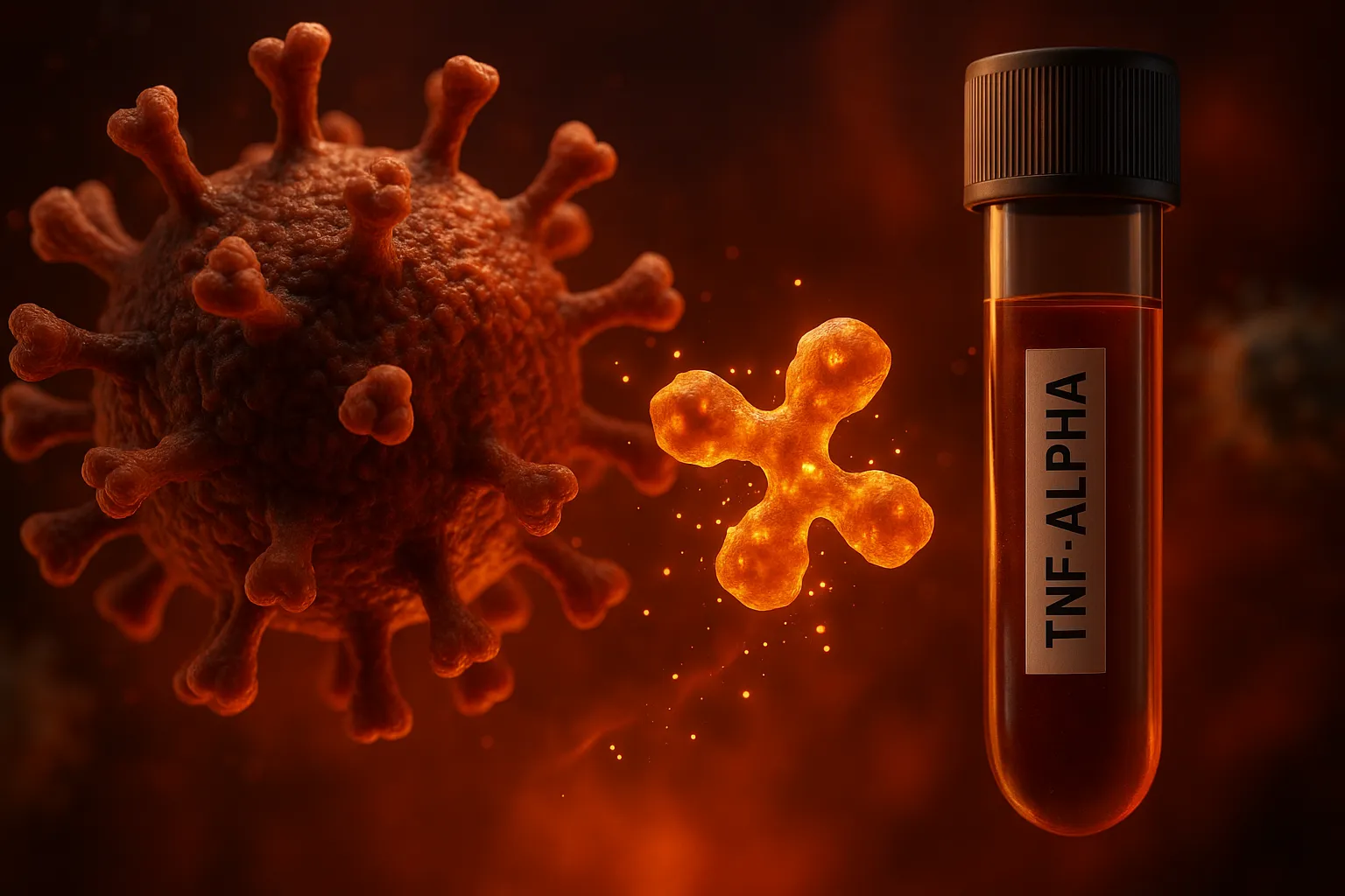 3D illustration of TNF-alpha blood test tube next to a glowing inflammatory molecule and virus-like particle on a dark red background.