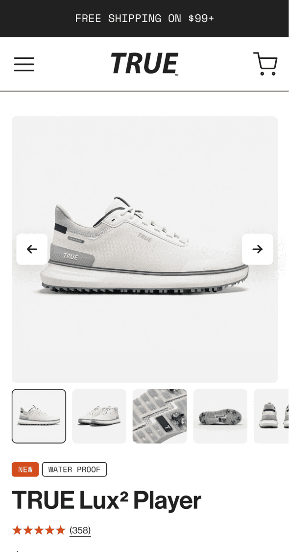 Mobile product detail page for True Linkswear golf shoe with image gallery and variant selection