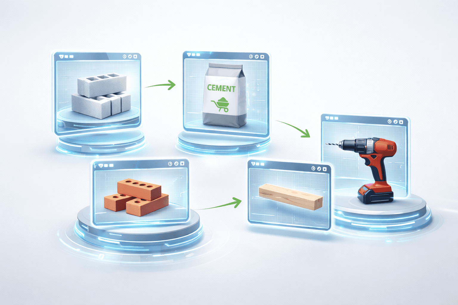Interface futurista com janelas digitais flutuantes exibindo produtos de materiais de construção como blocos de concreto, cimento, tijolos, madeira e ferramentas, representando catálogo online e organização de produtos em um portal B2B.