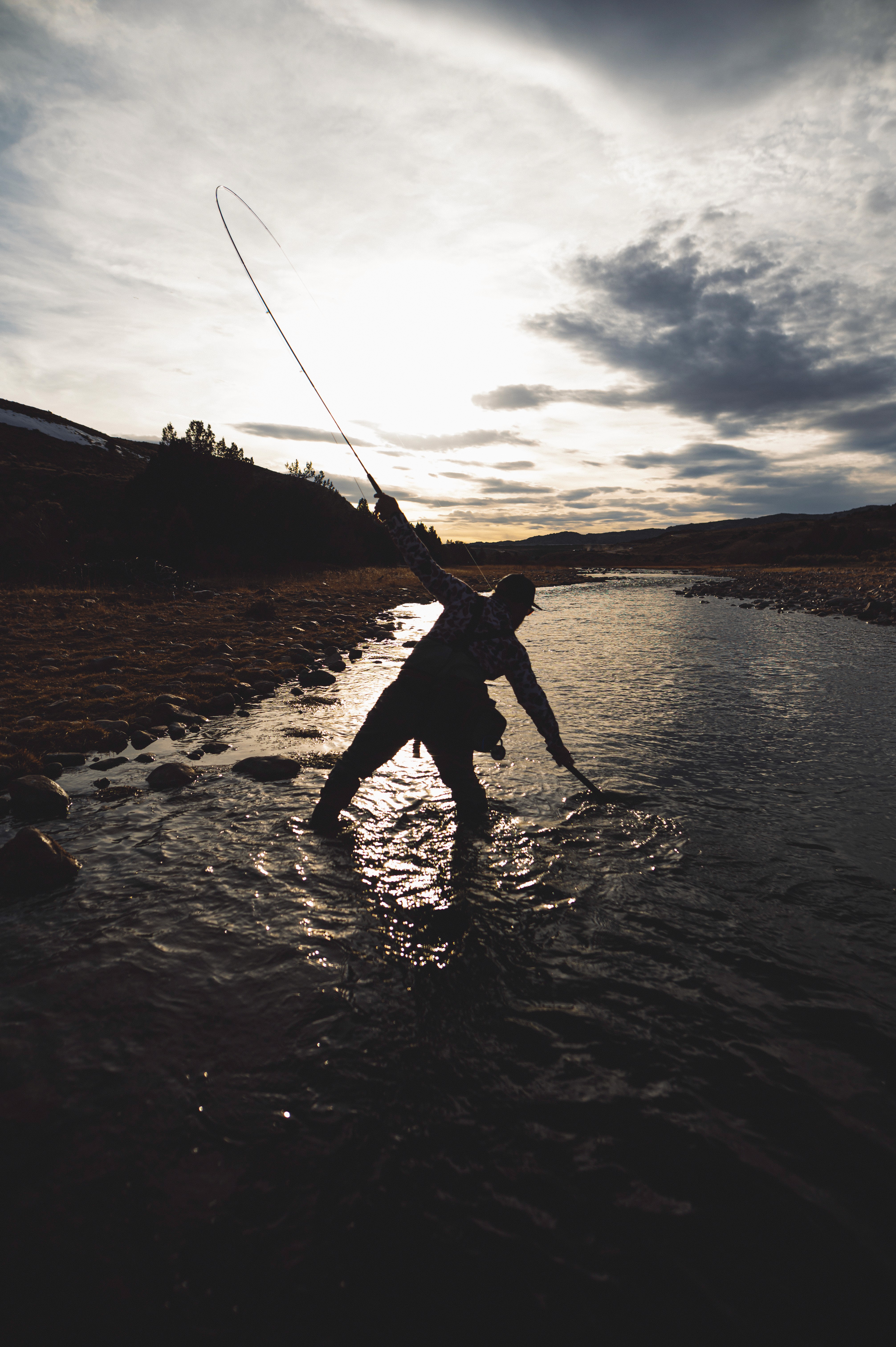 Outline of man landing a fish taylor fly rod