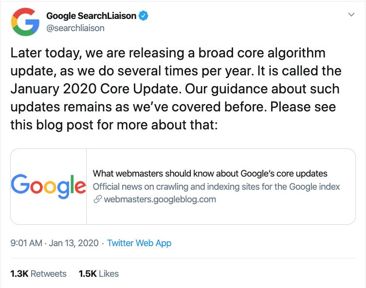Twitter post of Google's January 2020 Core Update