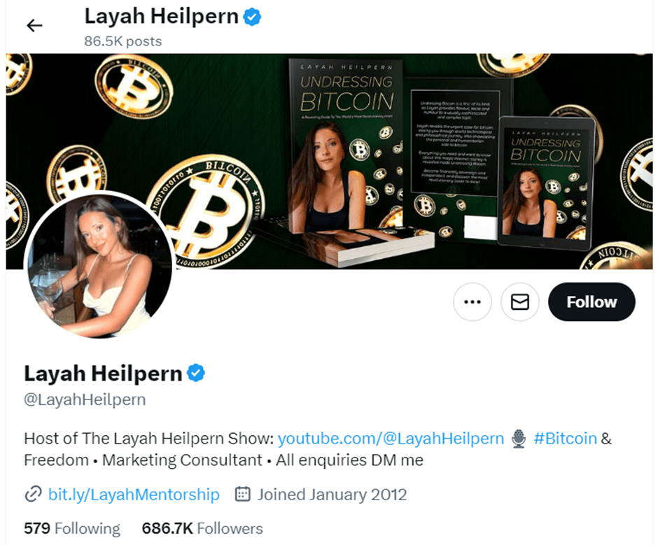 X profile of Layah Heilpern shows her about, her picture, when she joined, and the number of followers