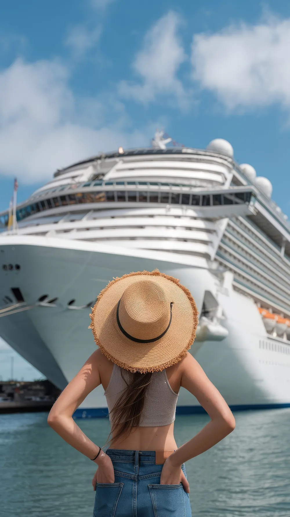 Navio de cruzeiro atracado com vista do deck e cabine