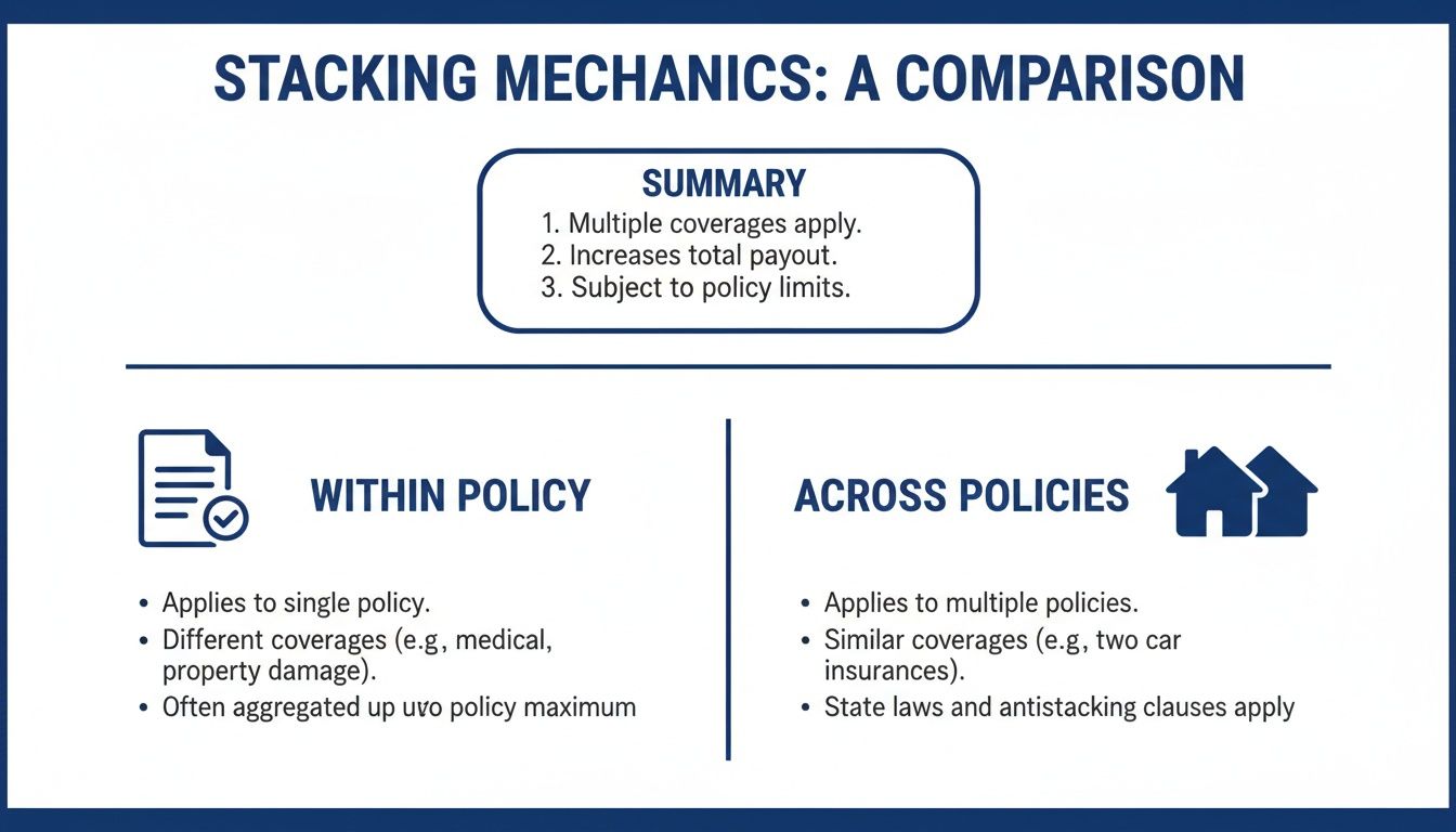 A diagram explaining insurance stacking mechanics, comparing within-policy and across-policy rules and implications.