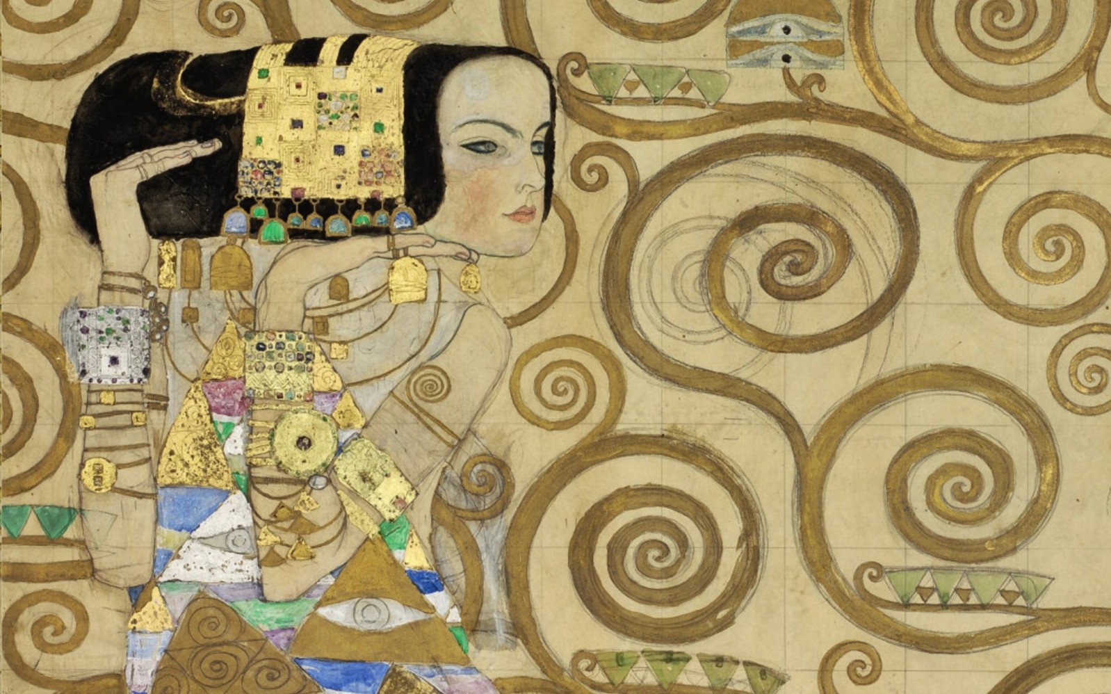 Pengunjung yang melihat "Stoclet Frieze" karya Gustav Klimt di MAK – Museum Seni Terapan, Wina.