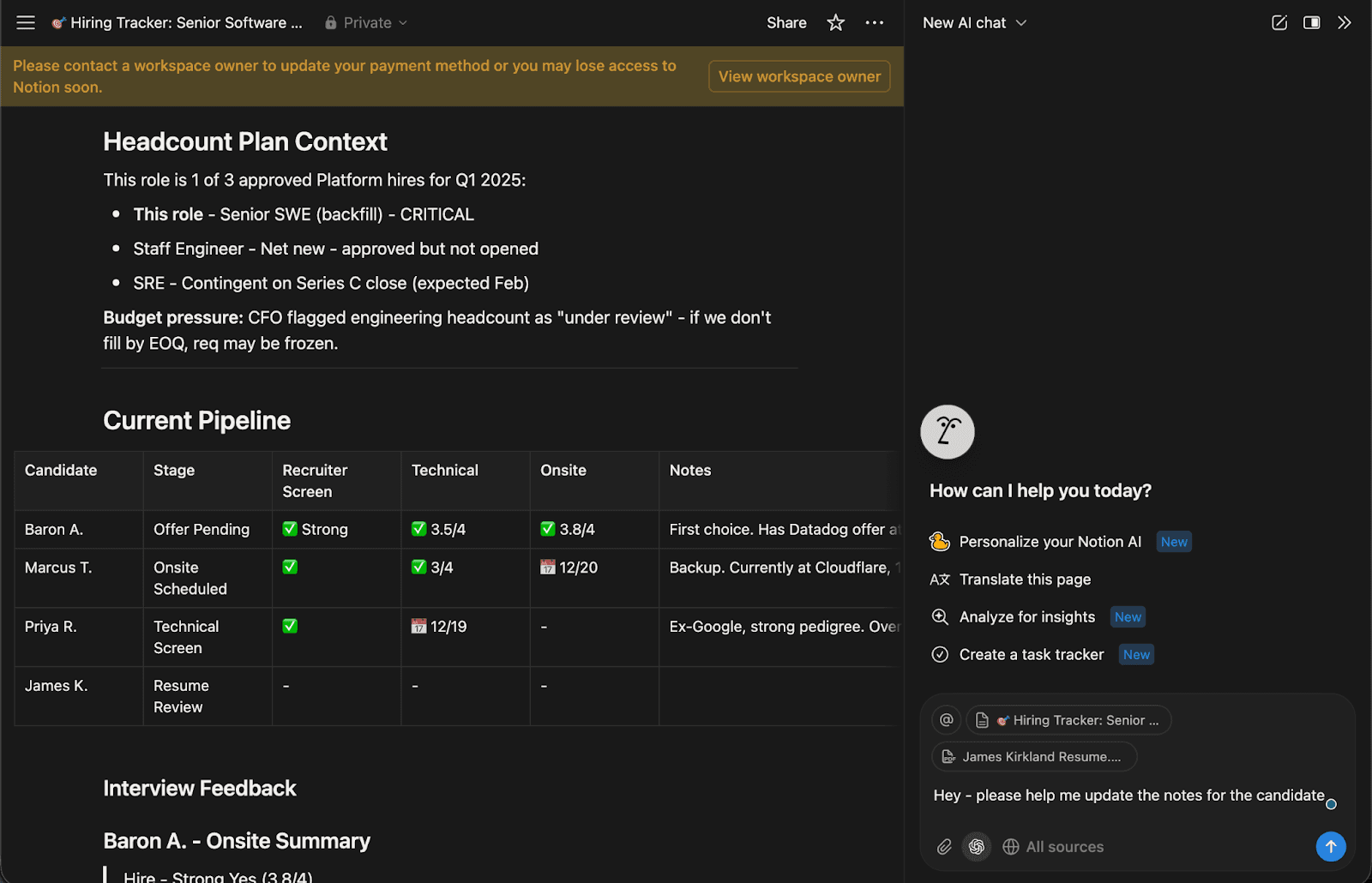Notion interface with a hiring tracker document open on the left and Notion AI chat on the right. The user has attached a resume document to the chat and is asking 'Hey - please help me update the notes for the candidate'.