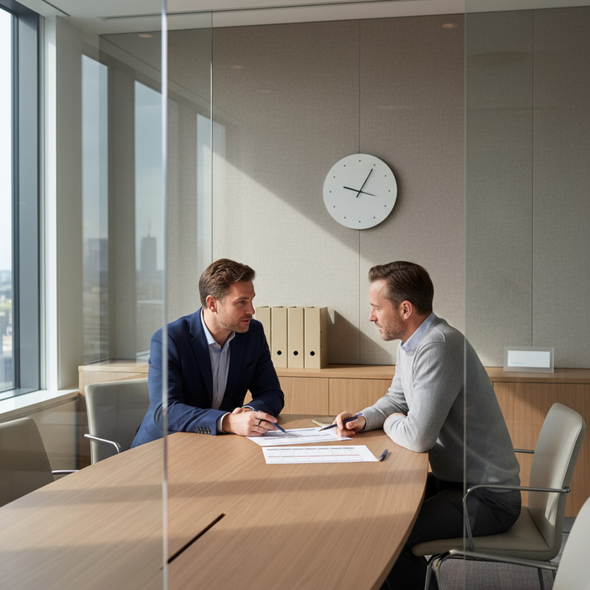 Ein ruhiger Besprechungsraum mit Glaswänden und schlichter Uhr. Auf einem Sideboard liegen ordentliche Mappen neben einem neutralen Namensschild. Zwei Personen sprechen leise und zeigen auf eine Liste mit Terminen. Das Licht ist gleichmäßig, die Atmosphäre konzentriert, nachvollziehbar und vertrauenswürdig. Klarheit bestimmt die Szene.