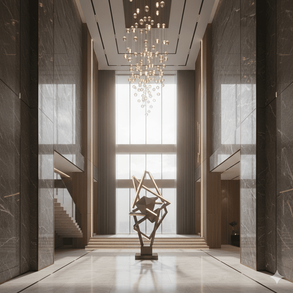 Double-height luxury apartment lobby with modern marble and abstract sculpture, Golf Course Extension Road