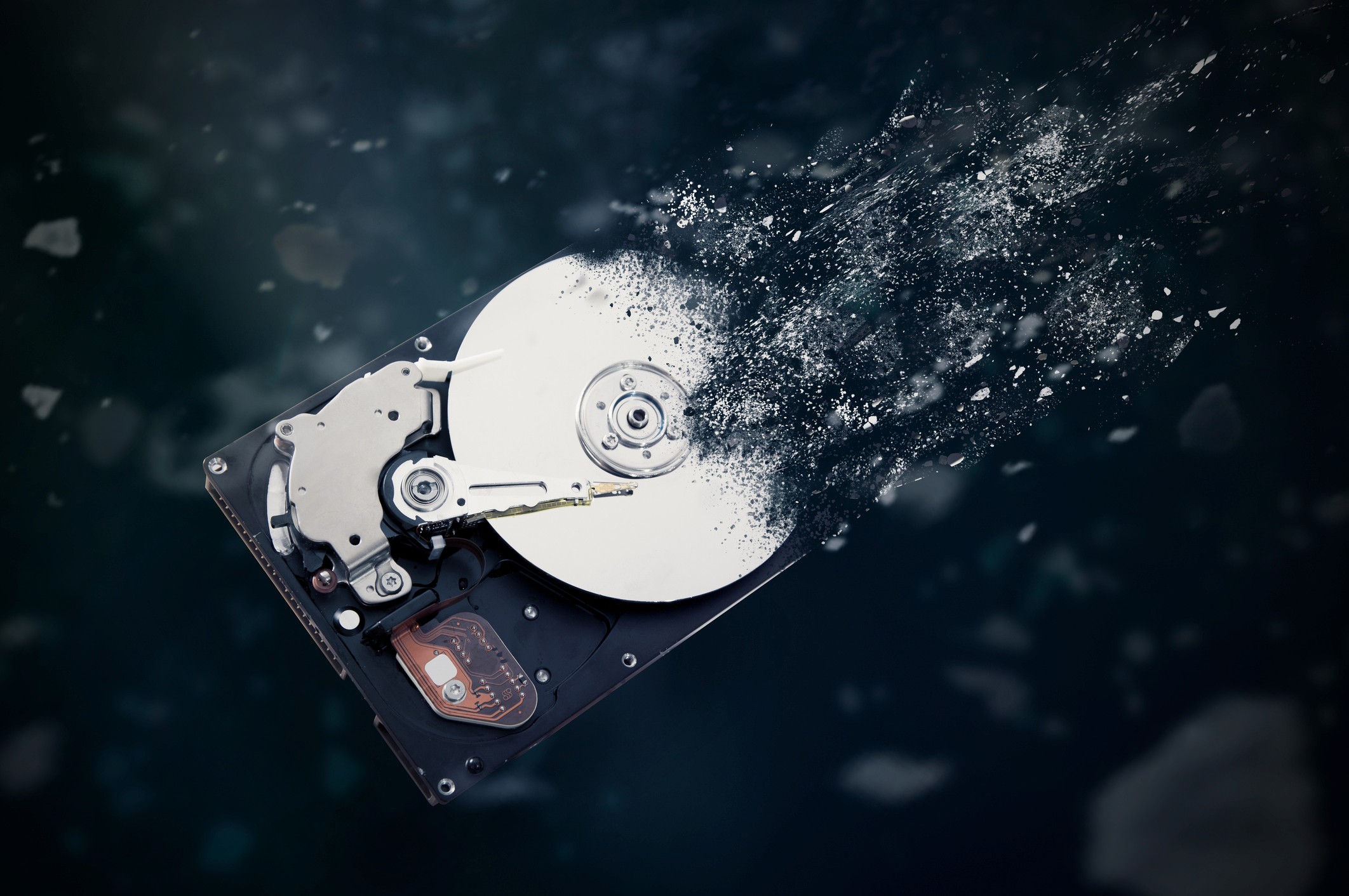 Illustration of a physical hard drive mid destruction