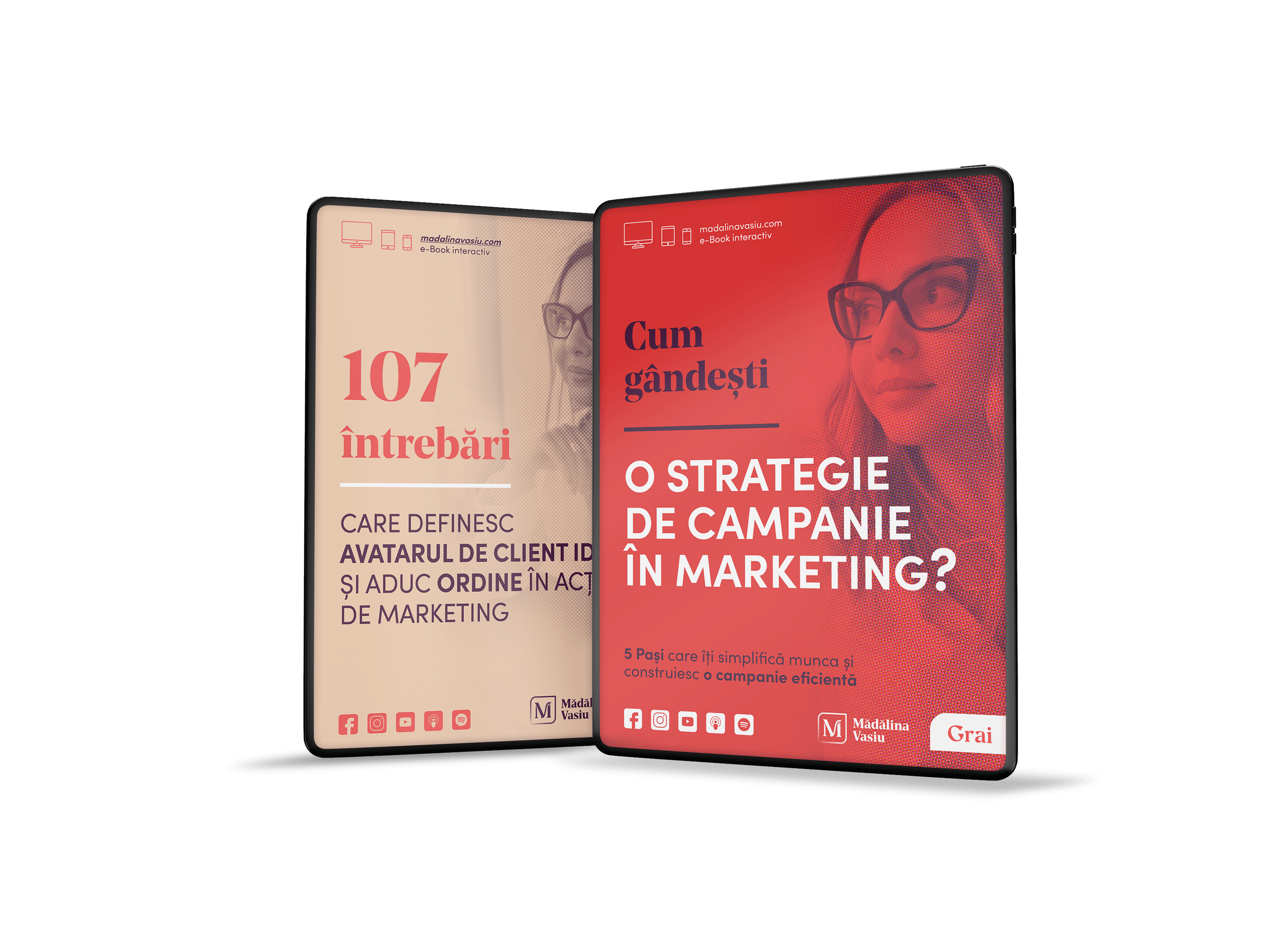 Design editorial pentru eBook-urile Mădălinei Vasiu despre Avatarul de Client Ideal si Cum sa faci Campanii de Marketing