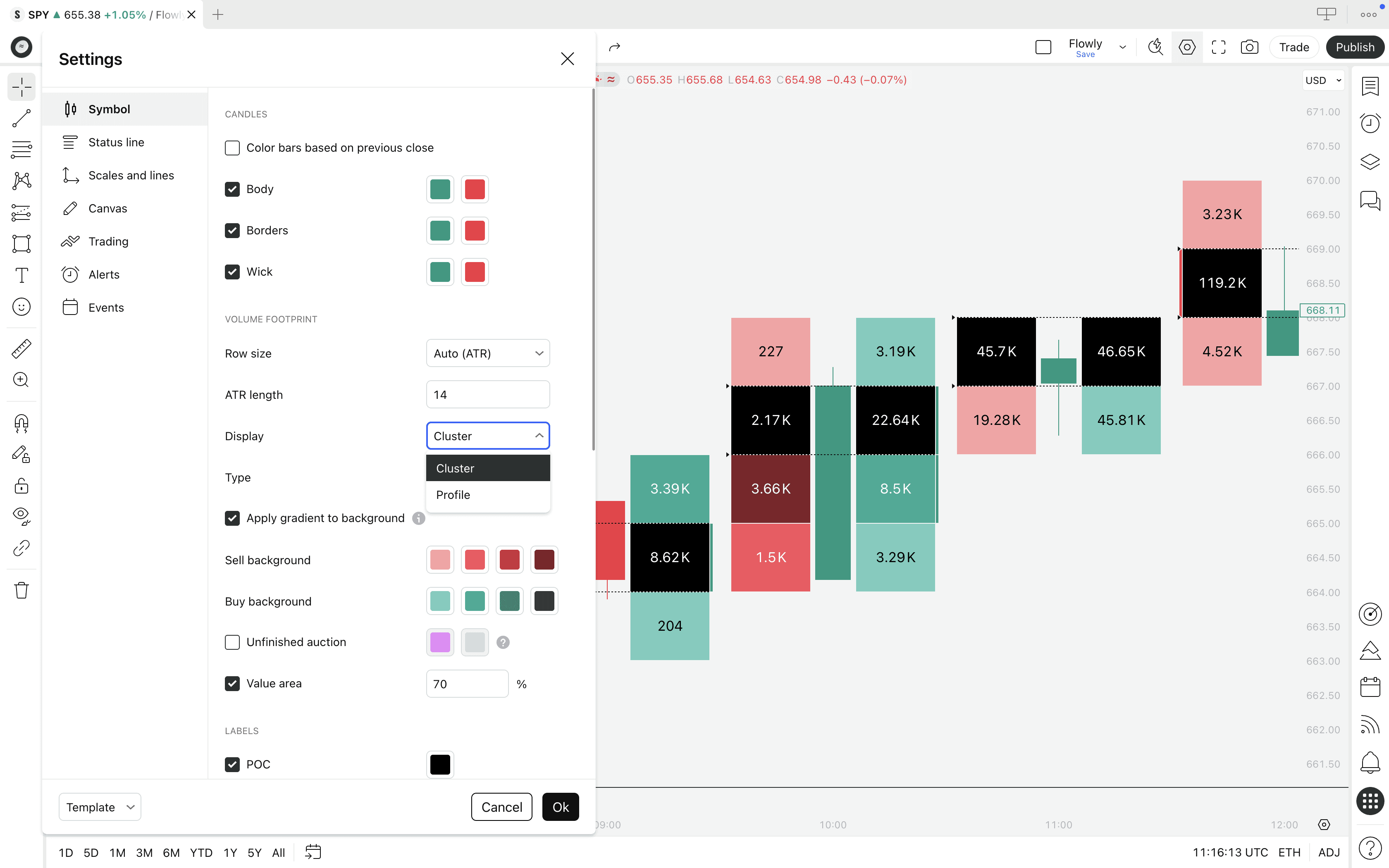 An illustration showing TradingView Volume Footprint chart Display settings