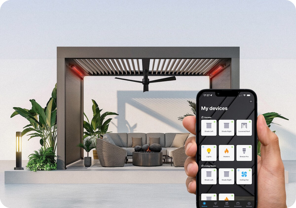 Gazebo control app on phone with outdoor living space