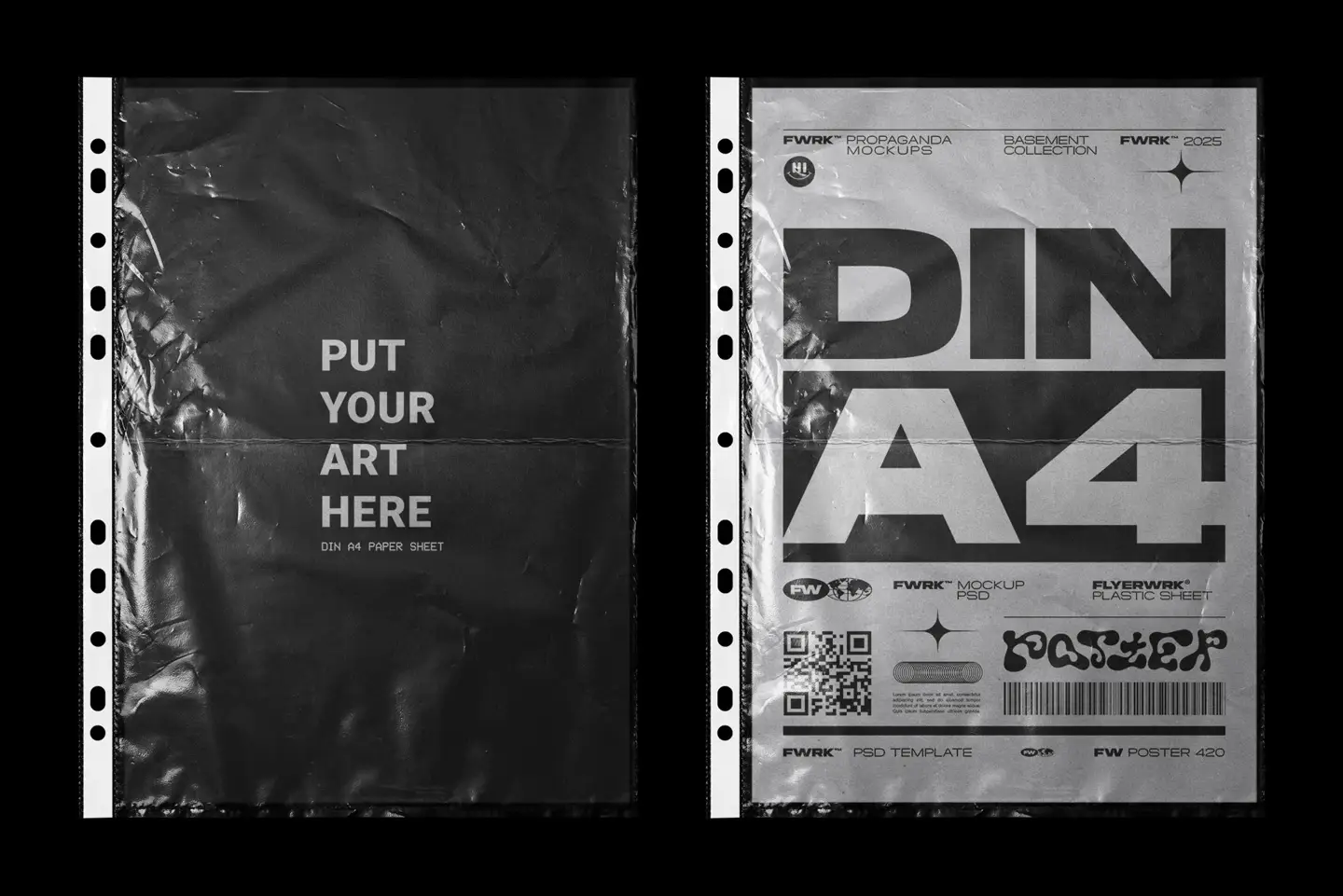 Plastic Sheet Overlay Mockup featuring a transparent wrinkled protector with a white punched strip and A4 paper