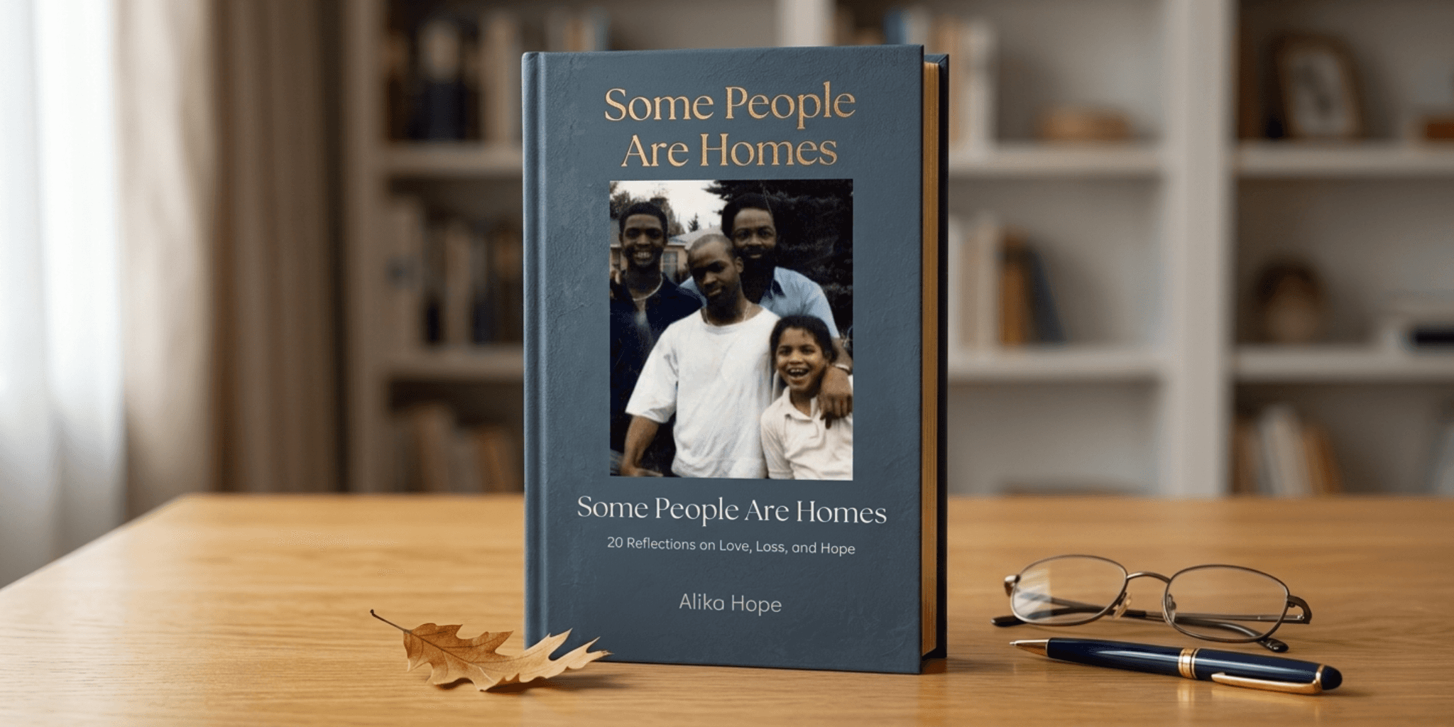 Book cover of Some People Are Homes by Alika Hope displayed on a desk with glasses and pen nearby.