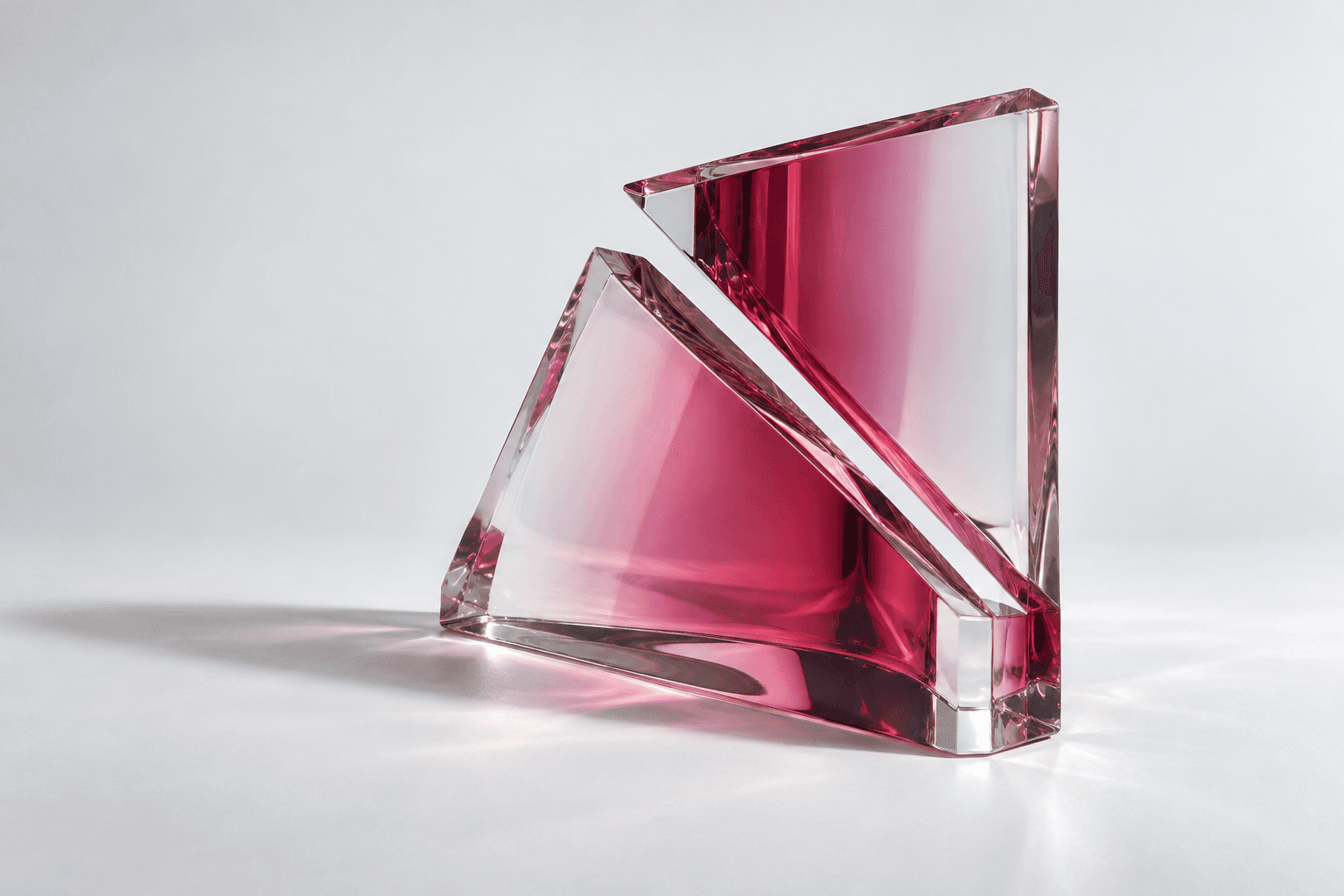 Two angular transparent glass forms with berry-coloured interiors on a cool white surface.