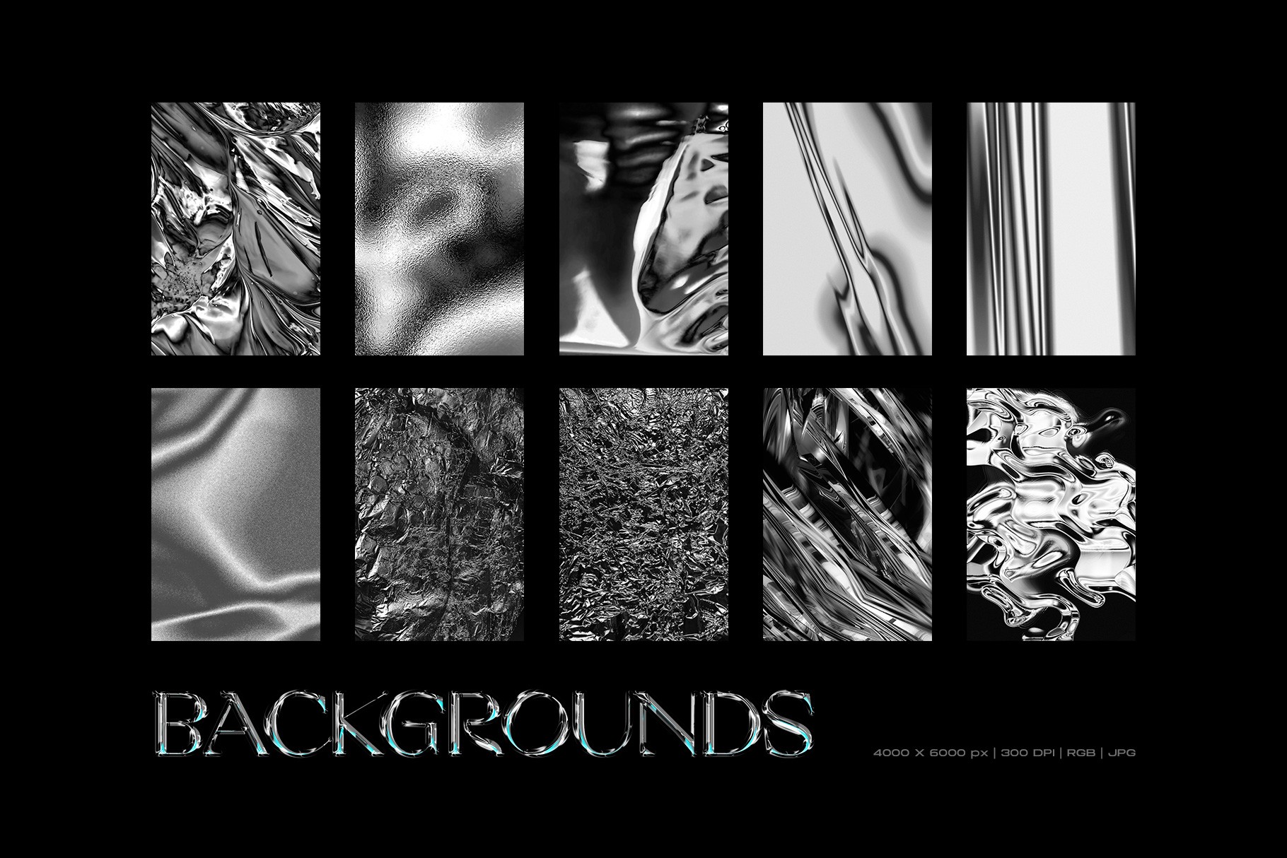 Chromatic Toolkit ten high resolution abstract metal backgrounds with liquid chrome and foil textures