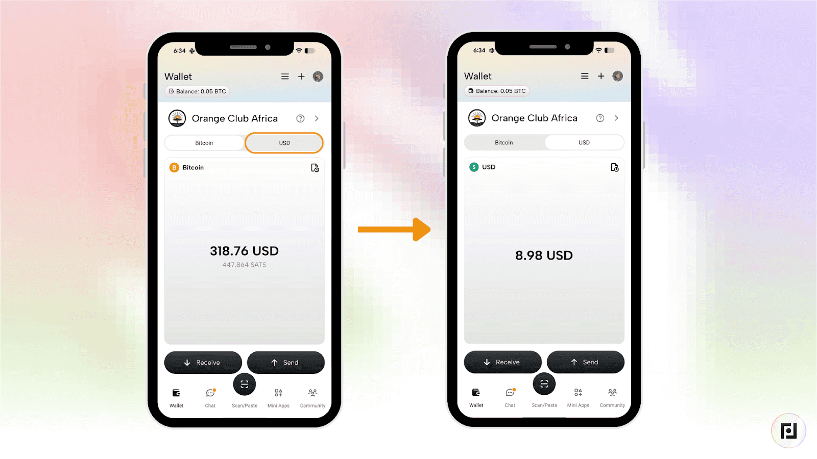 Fedi wallet screen showing active federation selector for sending and receiving Bitcoin