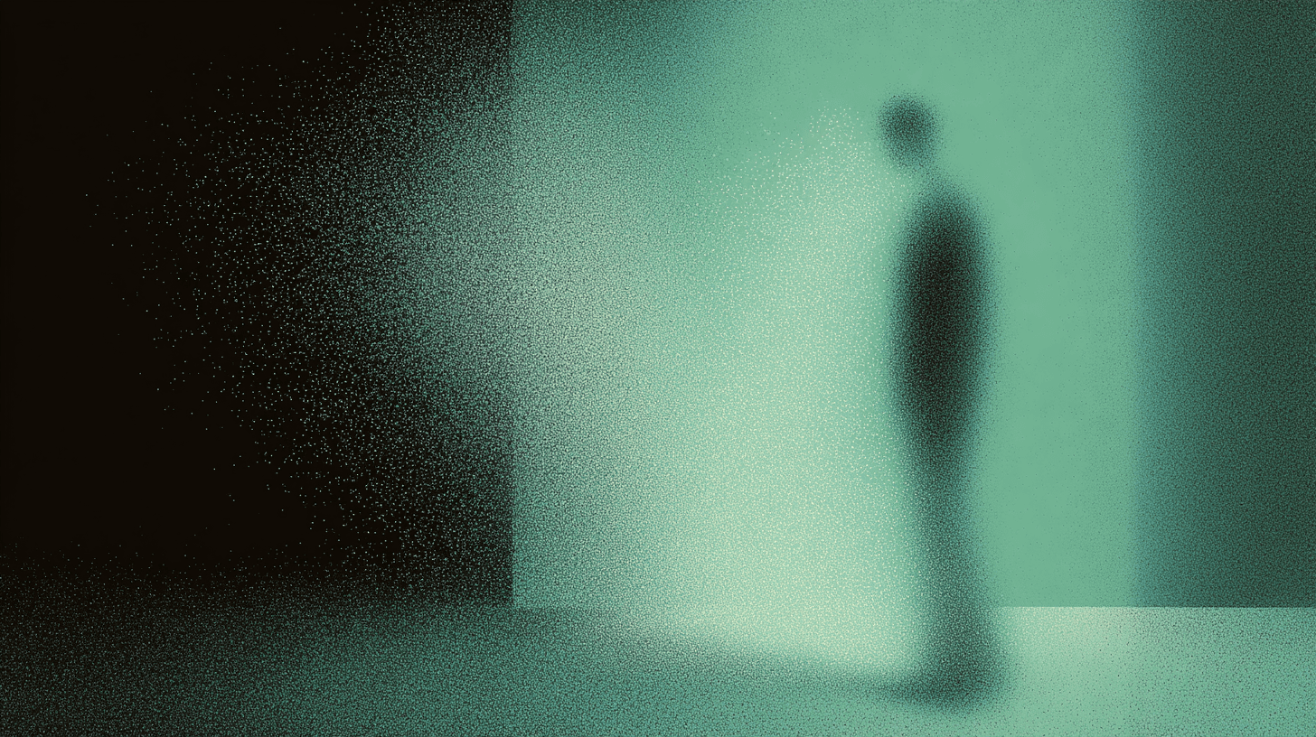Abstract digital illustration of a blurred human silhouette standing before a glowing doorway, rendered in teal and black with a grainy, atmospheric texture.