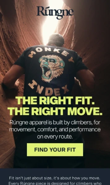 Email from Rungne showing a man wearing a Rungne t-shirt, highlighting apparel designed for movement, comfort, and performance while climbing.