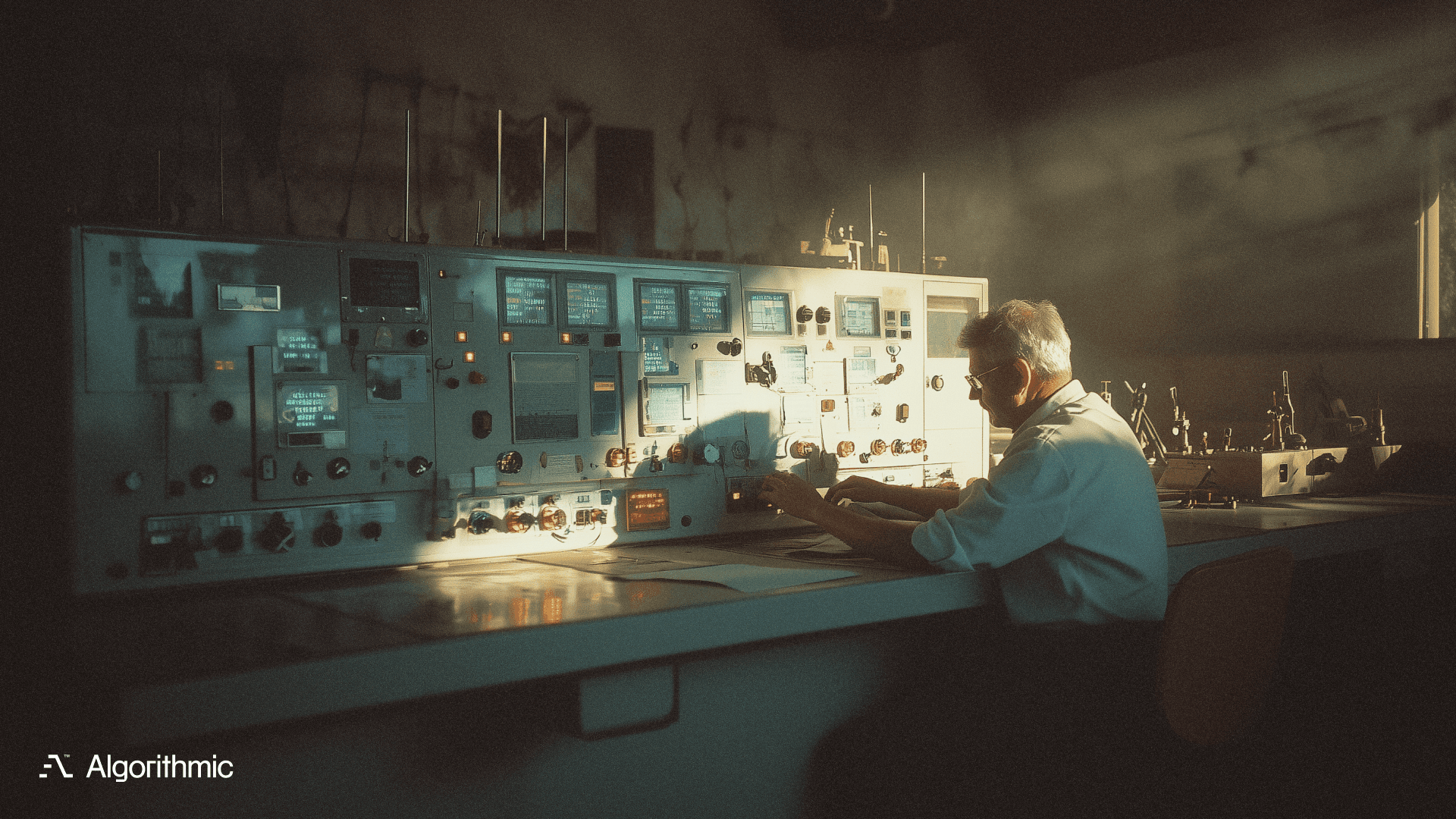 Engineer precisely adjusting control panel dials, representing the careful calibration process of hyperparameter tuning in machine learning models.