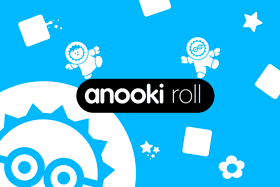 Title screen of the iPhone game Anooki Roll: Anooki on a blue background