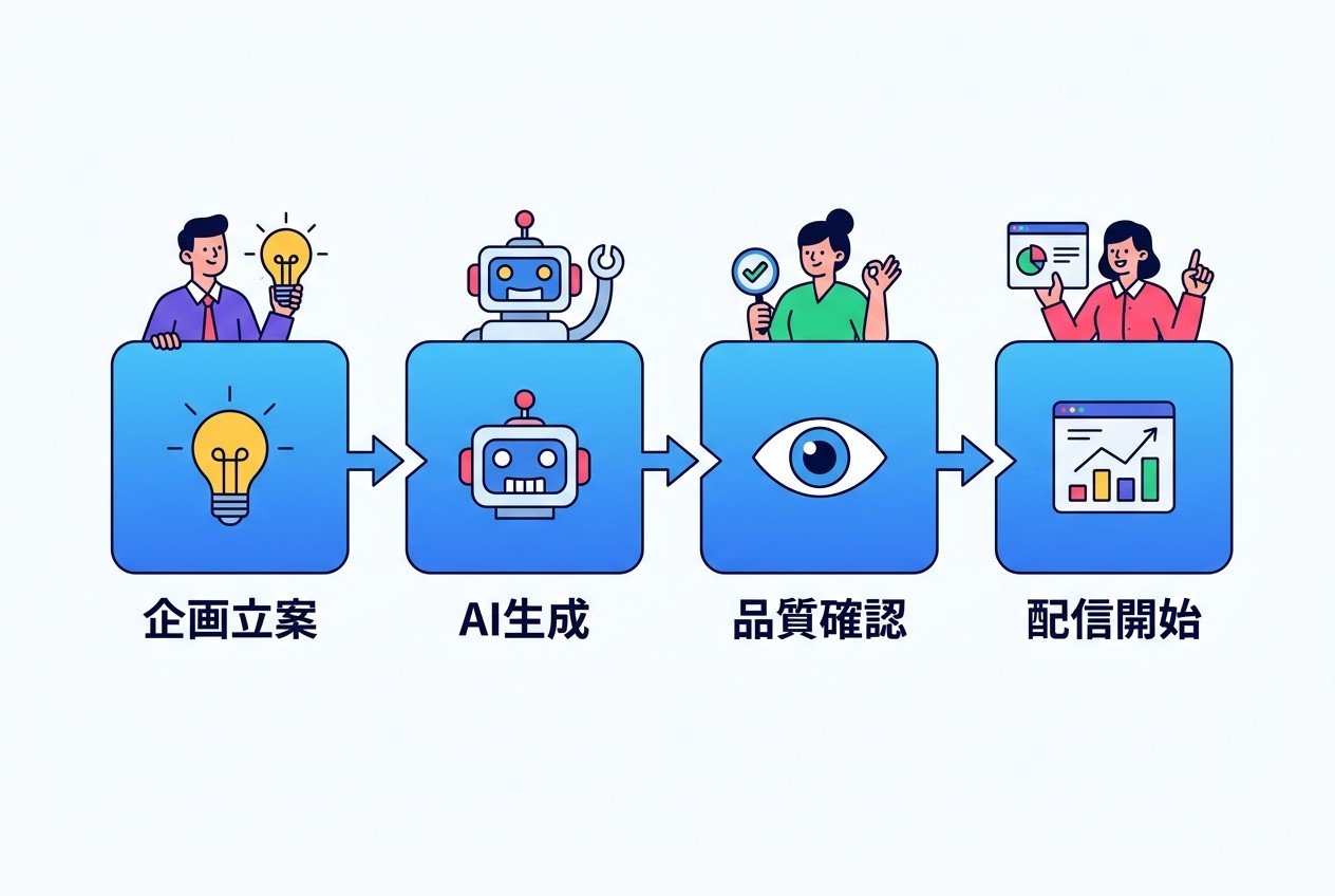 生成AI広告の基本的な制作フロー。企画立案→AI生成→品質確認→配信開始の4ステップで、従来の制作期間を70〜85%短縮できる。品質確認工程での人間によるチェックが成果を左右する。
