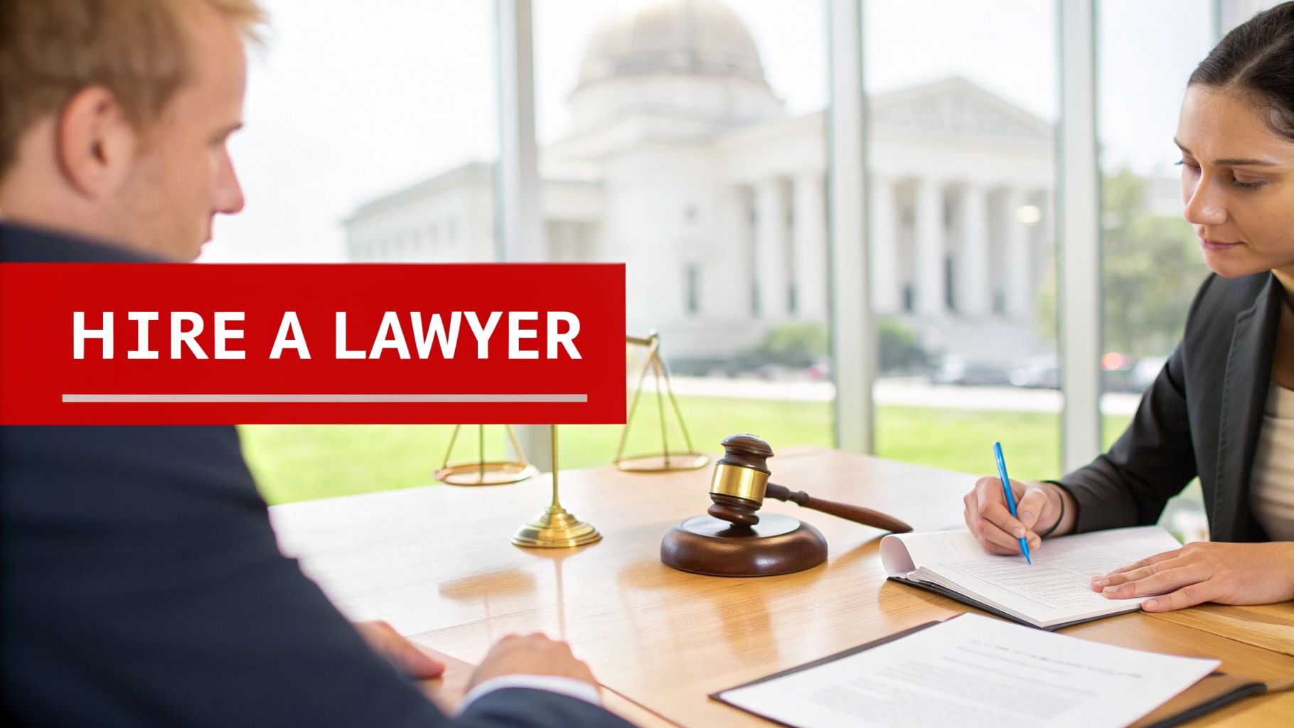 Text 'HIRE A LAWYER' over a scene of a lawyer and client meeting in a legal office with a courthouse visible outside.