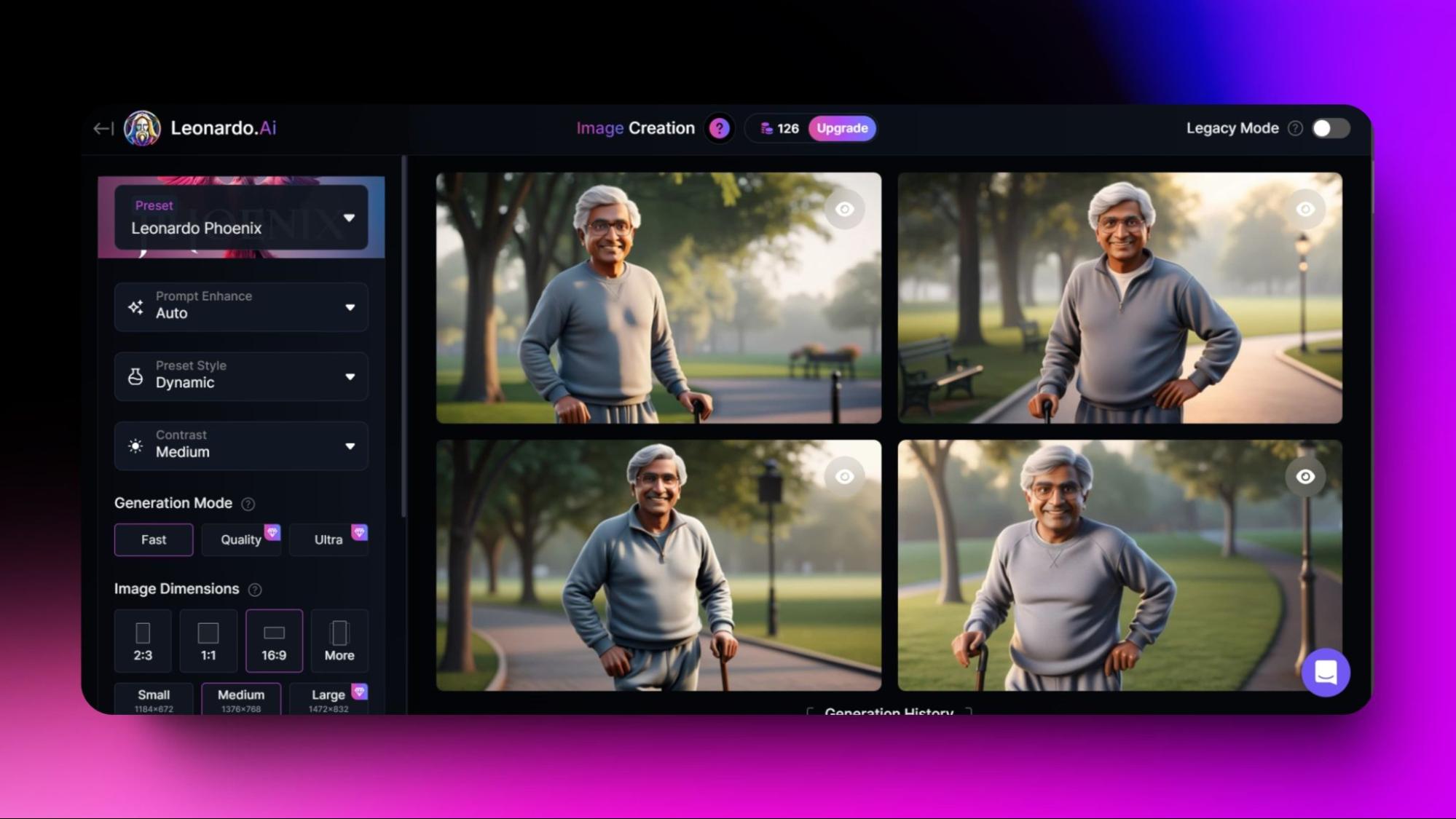 Screenshot of Leonardo AI image generation tool, showing four images of an elderly man in a park, with options for preset styles and image dimensions.