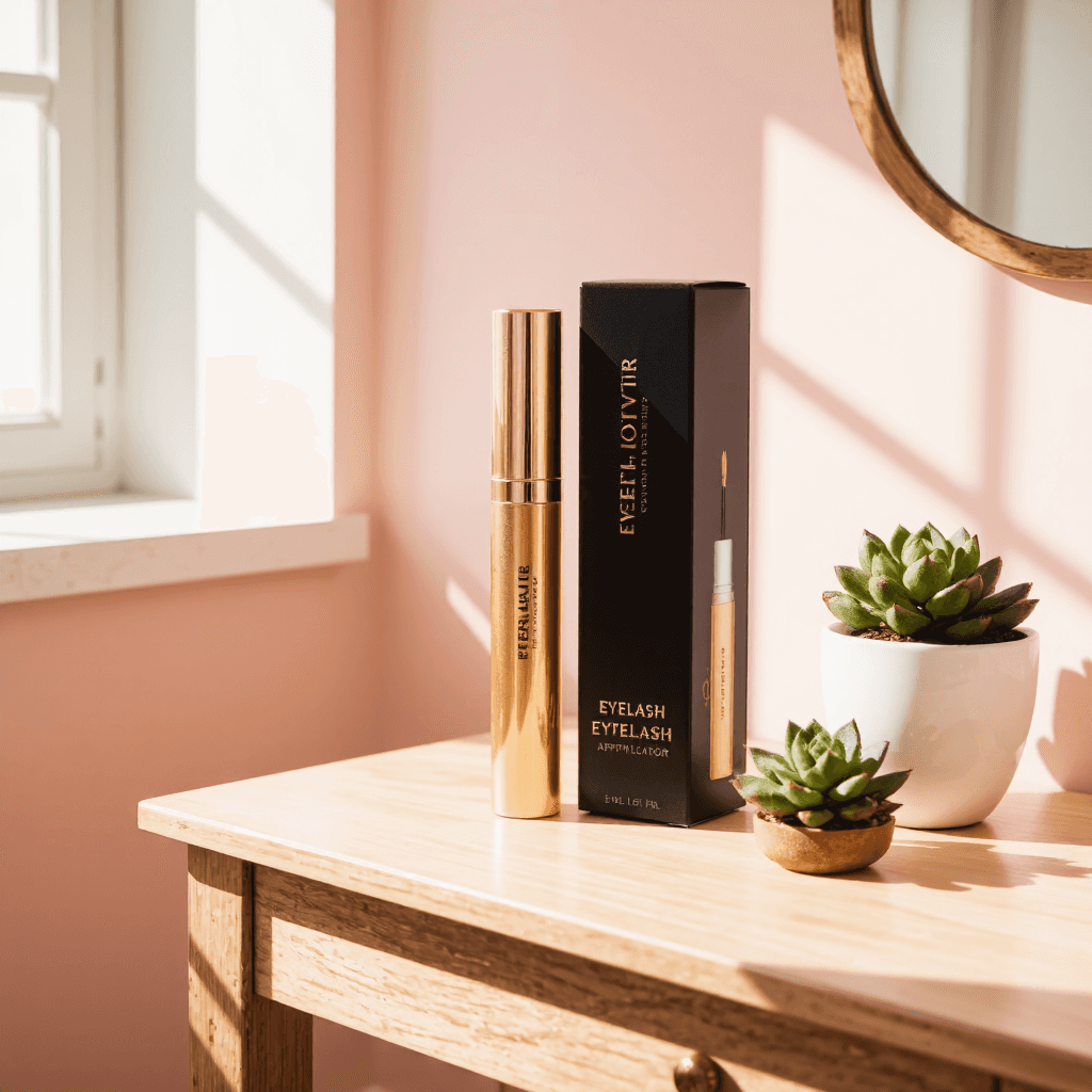 product photography of a box of eyelash serum and a tube of applicator