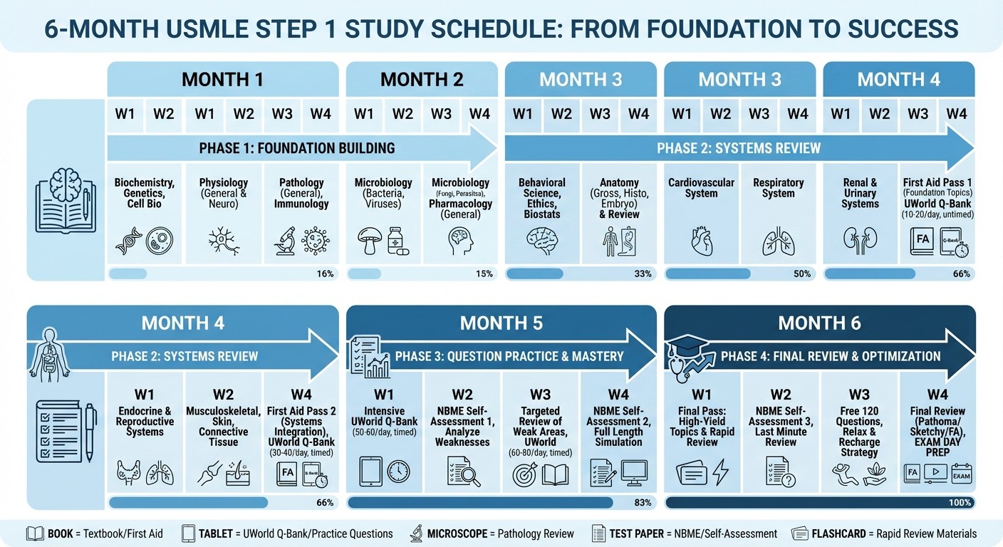 USMLE Step 1 6-Month Study Timeline - Week by Week Schedule