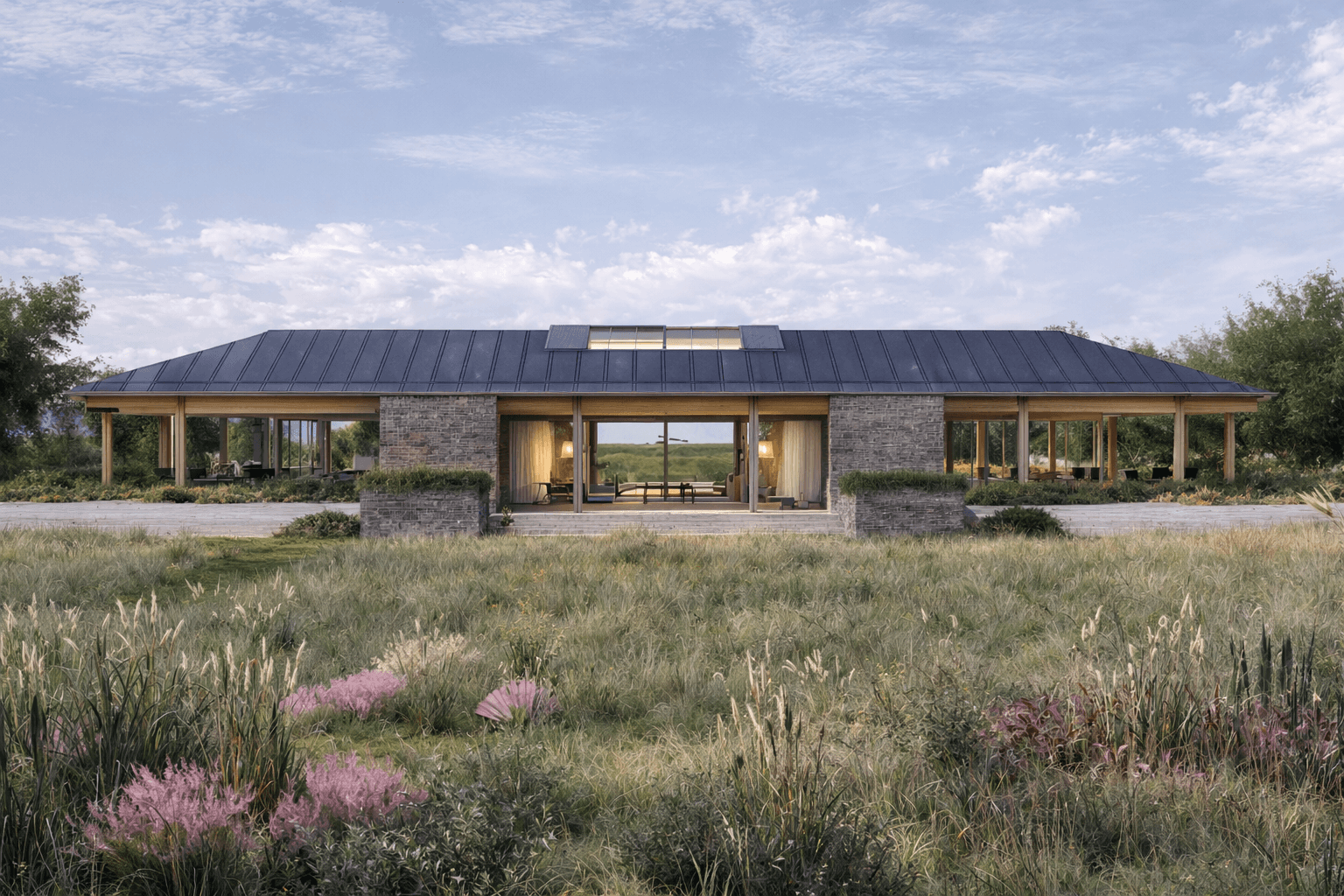 Moderne schuurwoning met donkere kap en grote glaspuien in open veld met bloeiende beplanting