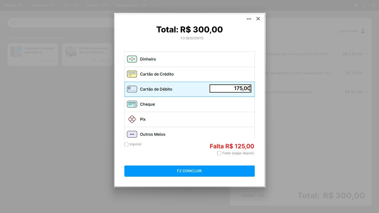 Tela de vendas do sistema Nex, com janela de formas de pagamento em destaque.