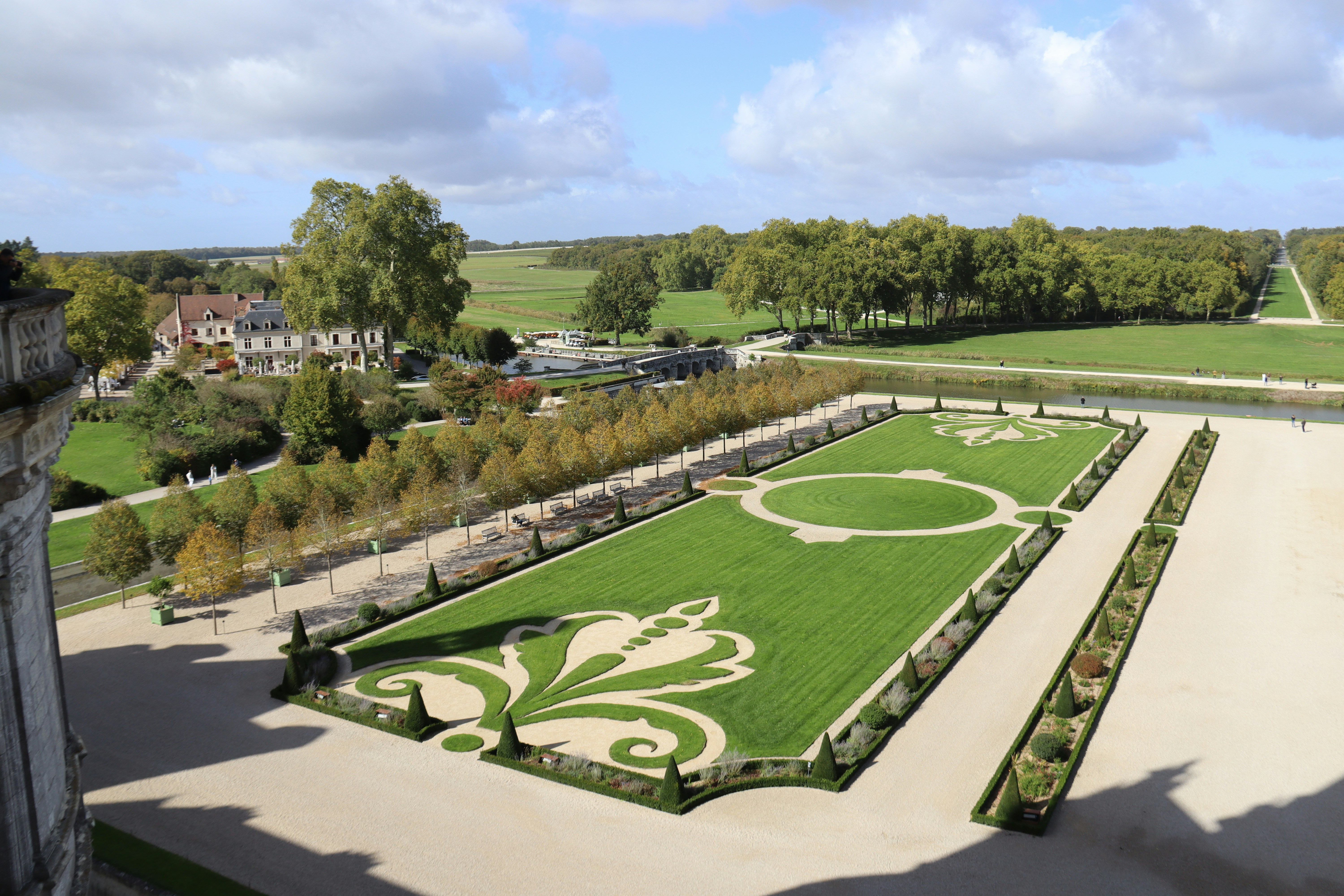Formal gardens and estate viewed from above