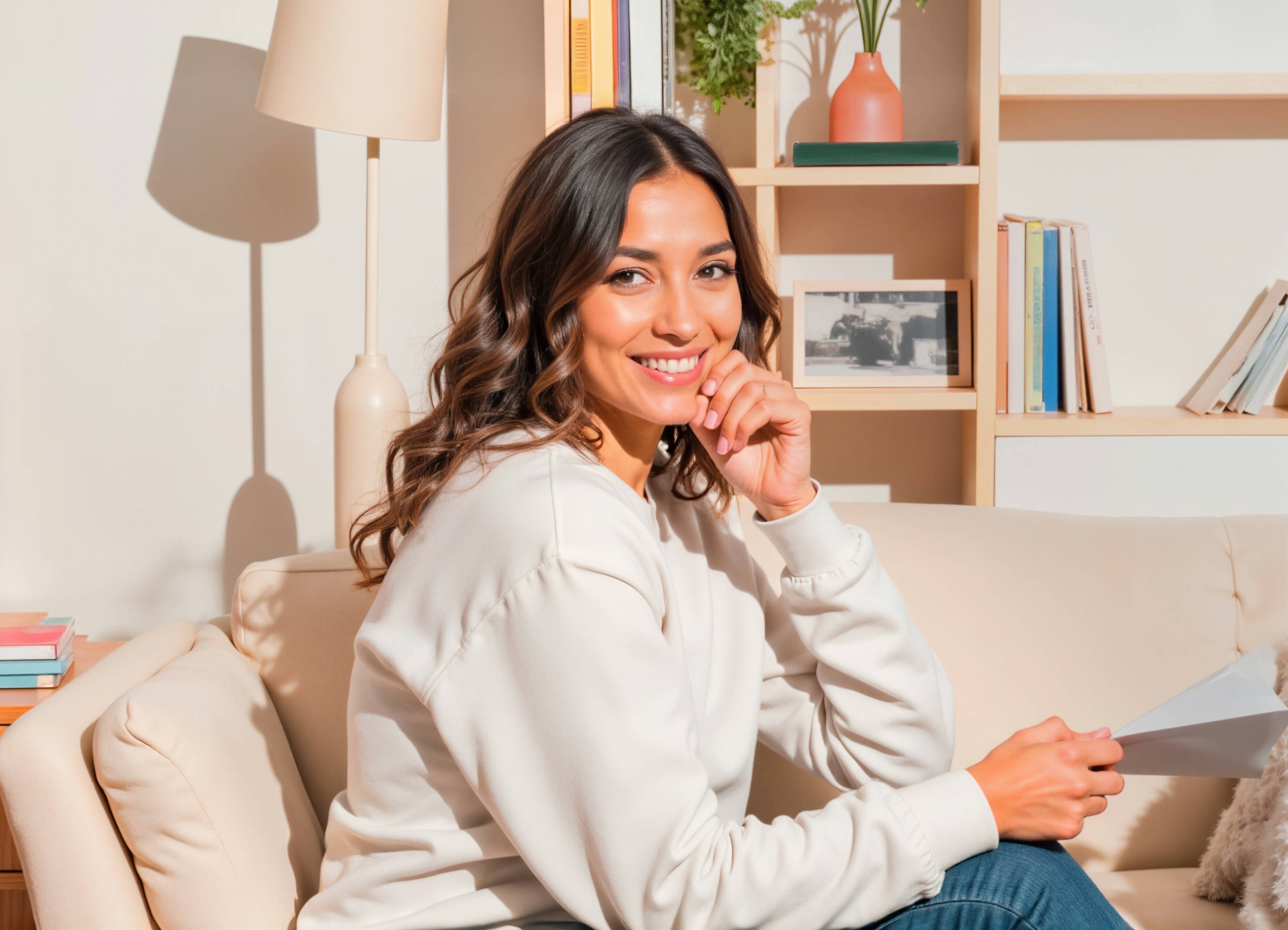 Woman sitting on a couch, smiling into the camera, in a colorful and bright art studio