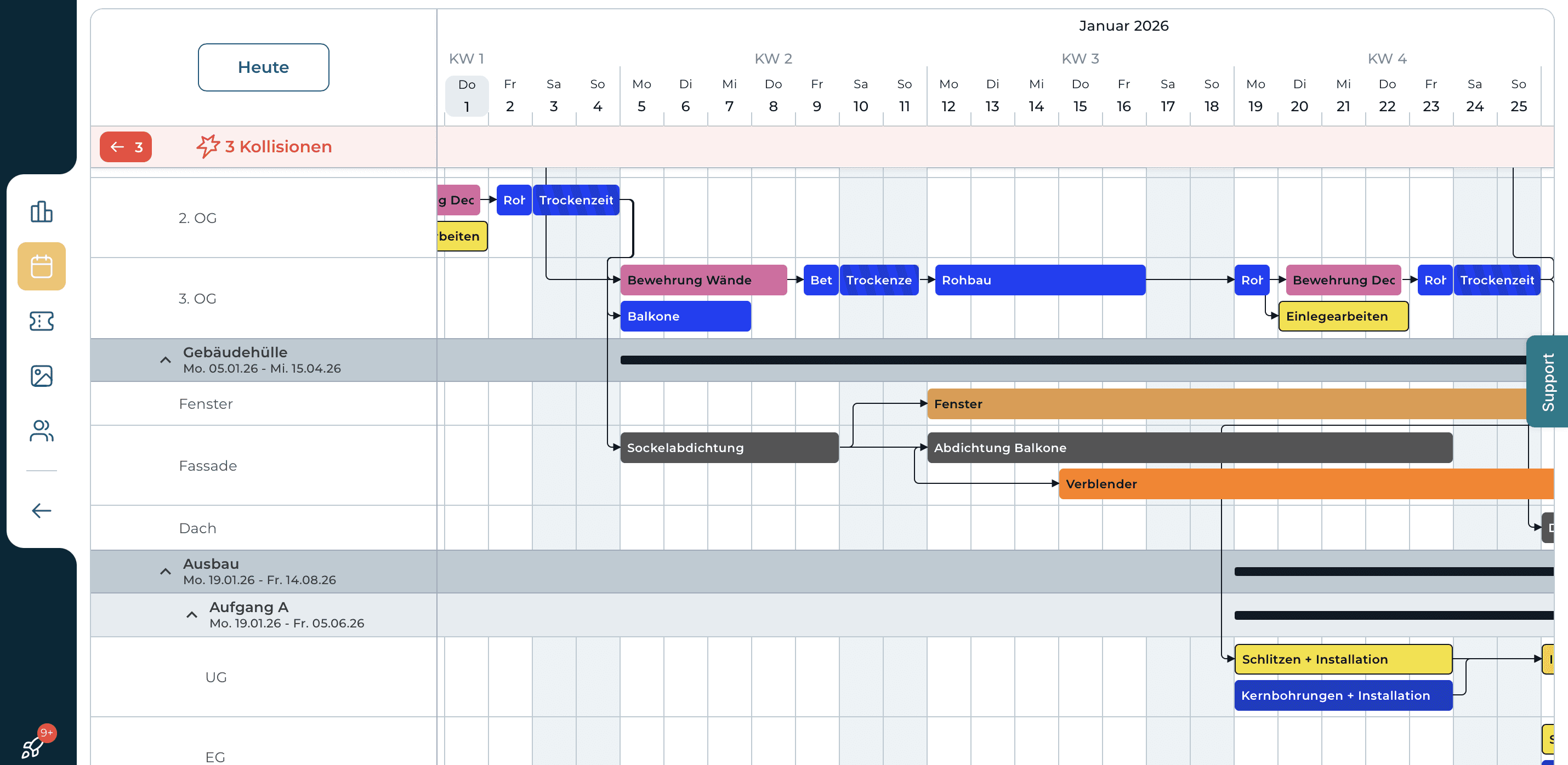 Vorgänge der Gewerke mit farblicher Zuordnung im koppla Bauzeitenplan
