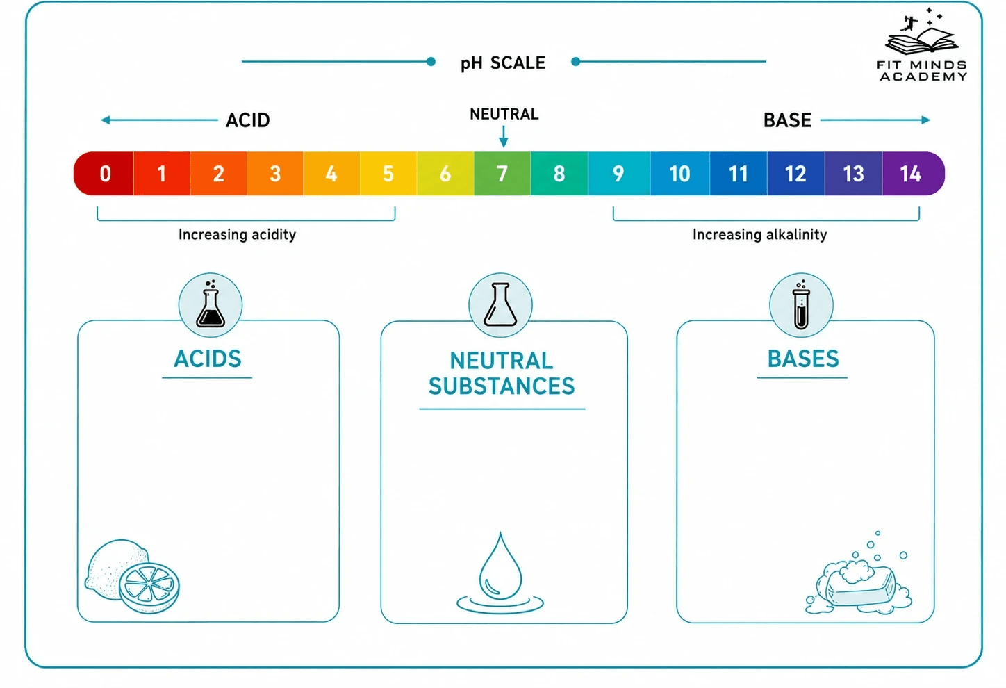 pH scale from 0 to 14 showing acids, neutral substances, and bases with increasing acidity and alkalinity - SNC2D Grade 10 Science chemistry