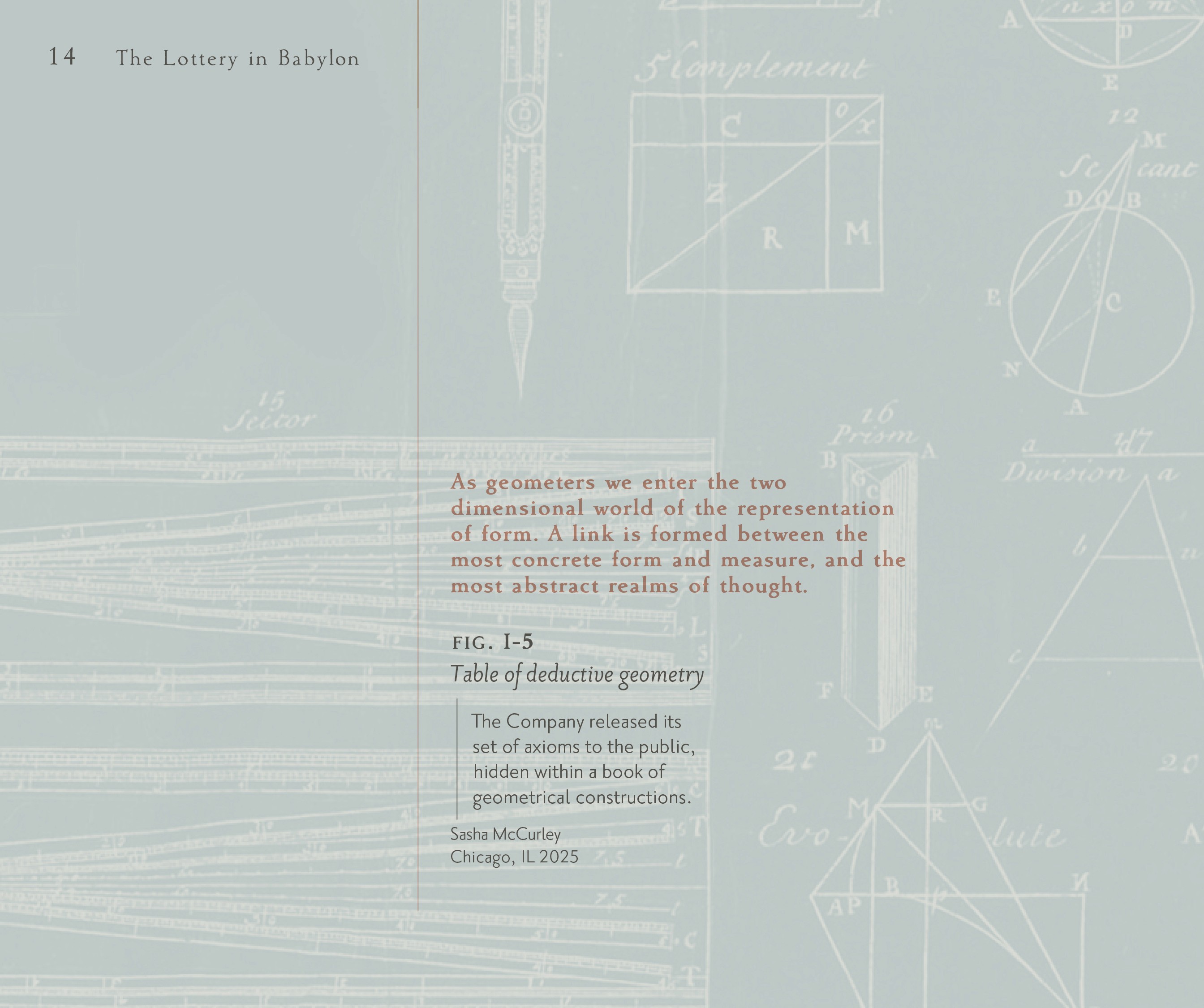 Detail shot of an excerpt over a table of geometric forms.